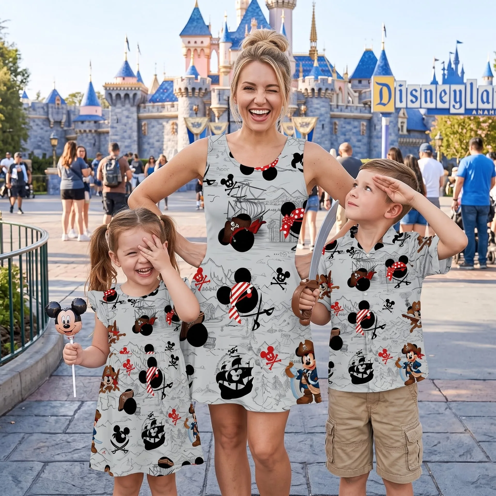 Disney Pirates Inspired Family Matching Outfit, Mickey & Friends Pirate Print Family Dress & Hawaiian Shirt Set, Pirate Character Outfit, Theme Park Vacation Clothing, Cute Family Matching Outfit - Image 4