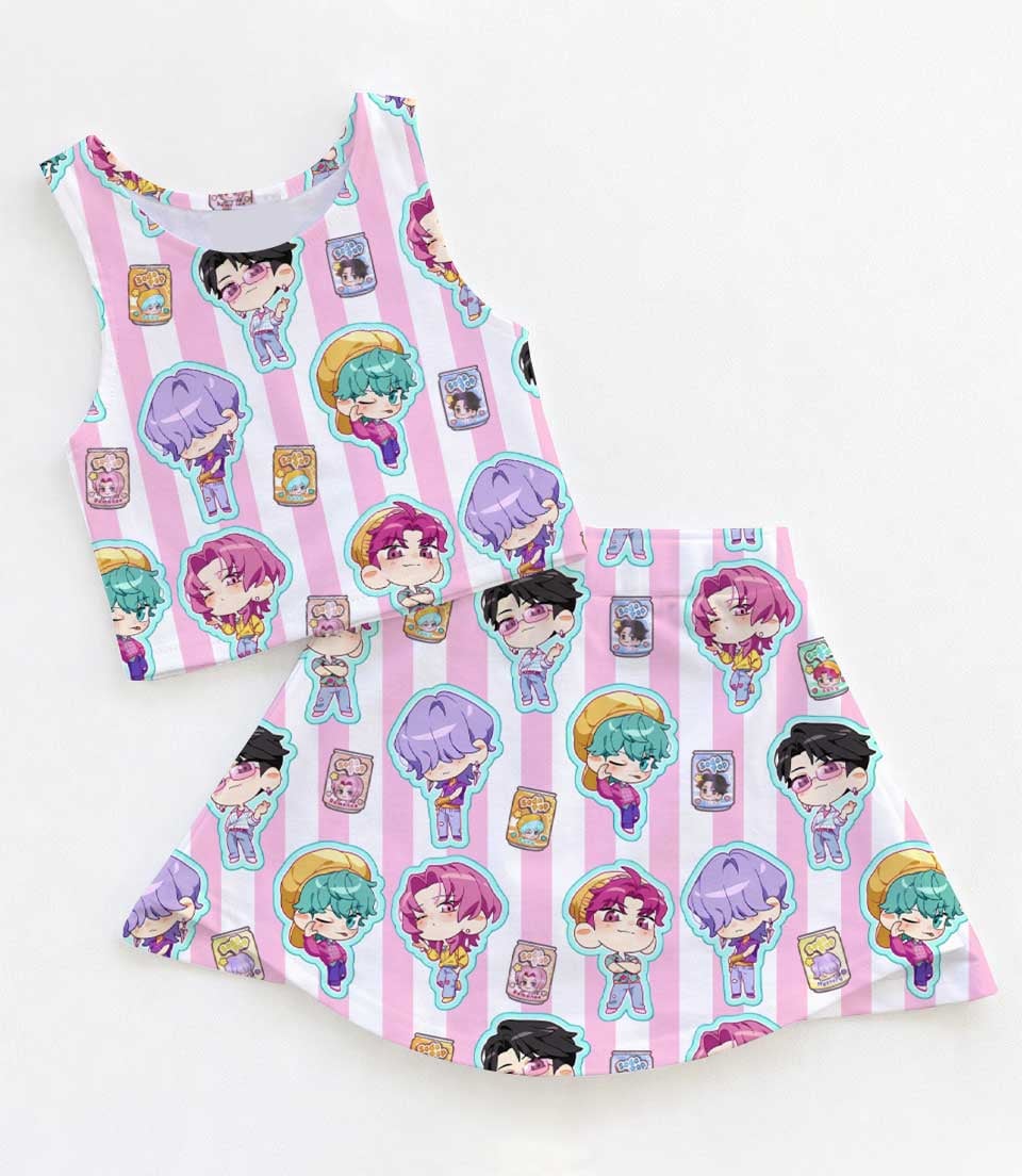 KPop Demon Hunters Inspired Girls Two Piece Dress Set, Pink Stripe Chibi Character Crop Top & Skater Skirt, KPop Anime Inspired Outfit, Cute Summer Fan Clothing