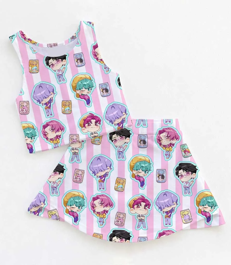 KPop Demon Hunters Inspired Girls Two Piece Dress Set, Pink Stripe Chibi Character Crop Top & Skater Skirt, KPop Anime Inspired Outfit, Cute Summer Fan Clothing