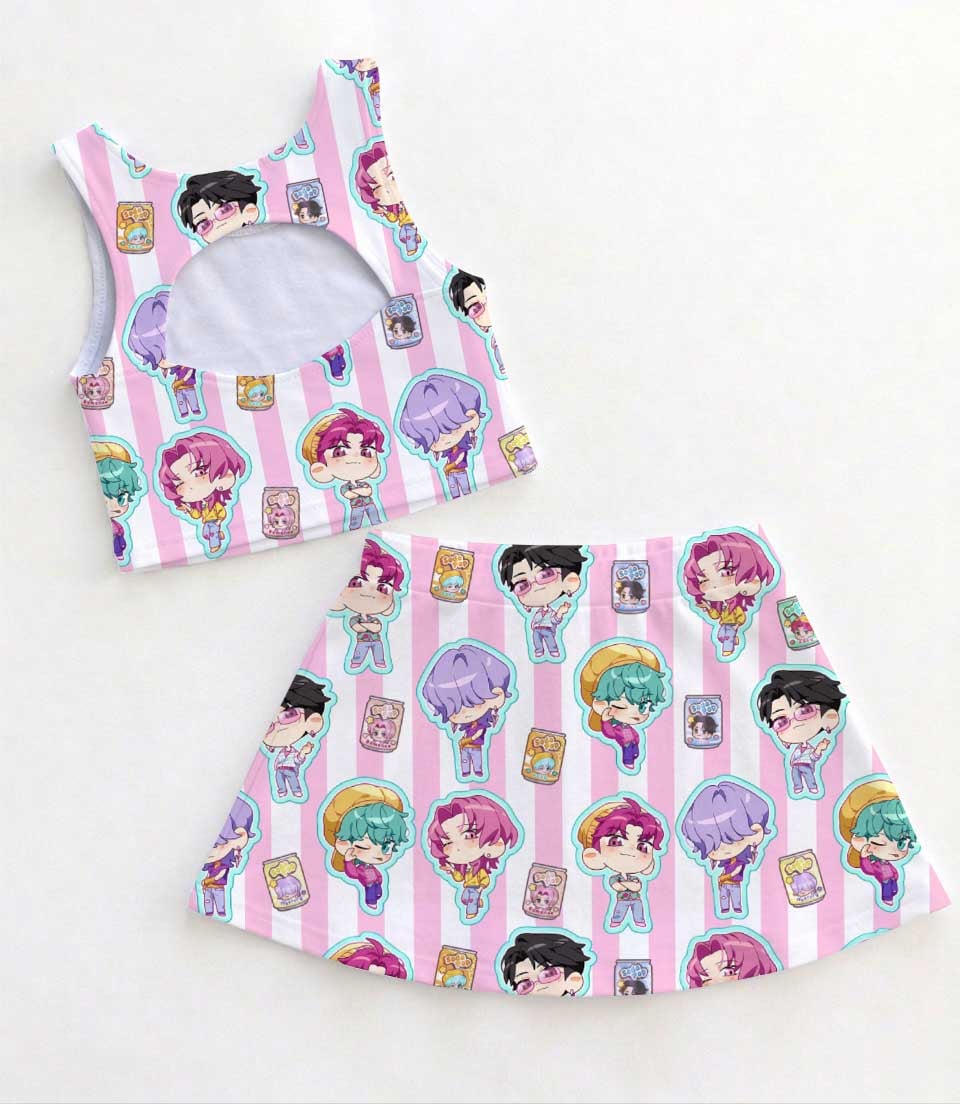 KPop Demon Hunters Inspired Girls Two Piece Dress Set, Pink Stripe Chibi Character Crop Top & Skater Skirt, KPop Anime Inspired Outfit, Cute Summer Fan Clothing - Image 2