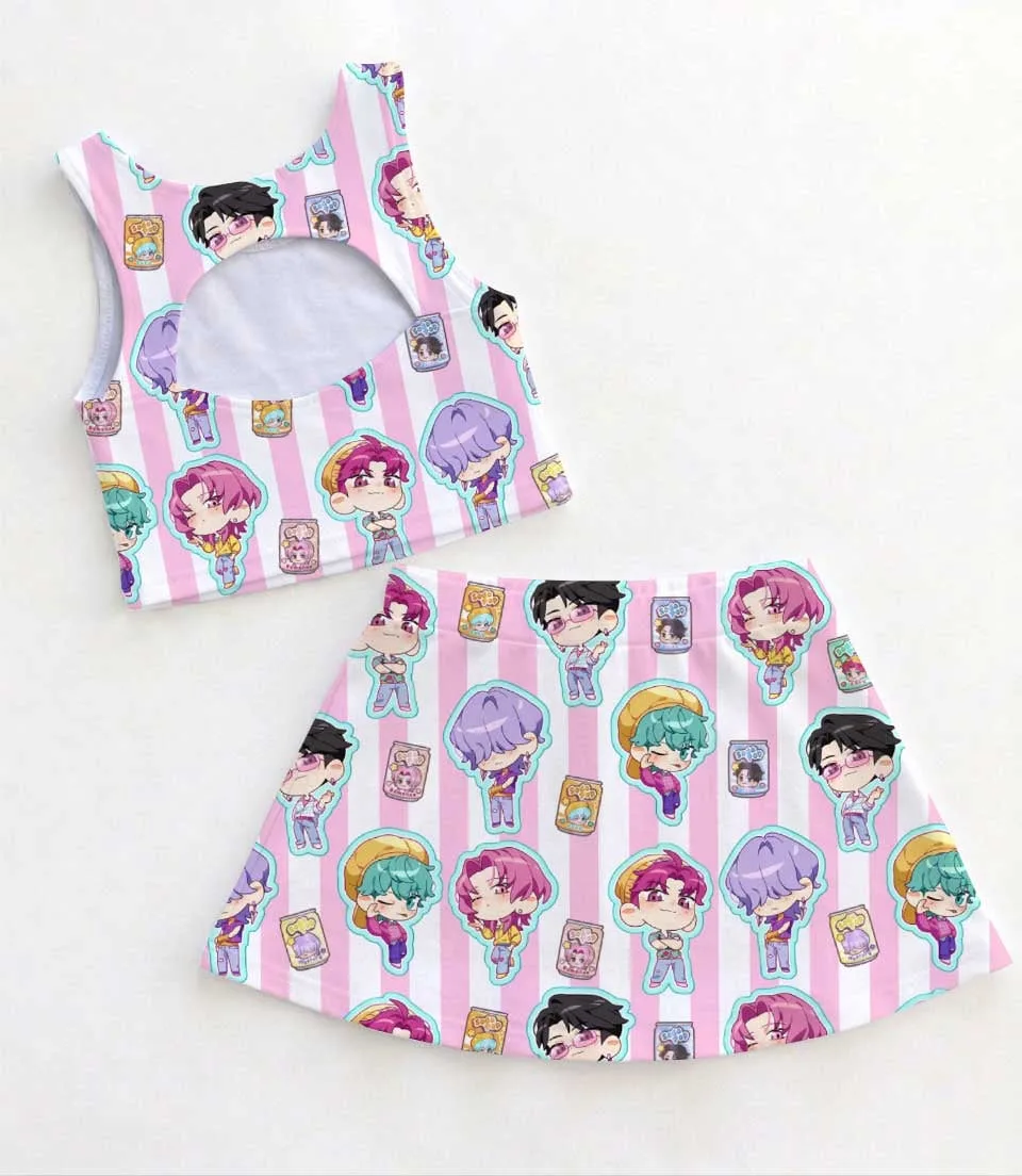 KPop Demon Hunters Inspired Girls Two Piece Dress Set, Pink Stripe Chibi Character Crop Top & Skater Skirt, KPop Anime Inspired Outfit, Cute Summer Fan Clothing - Image 2
