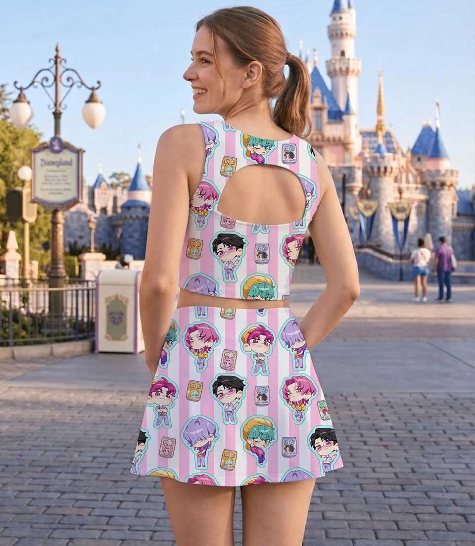 KPop Demon Hunters Inspired Girls Two Piece Dress Set, Pink Stripe Chibi Character Crop Top & Skater Skirt, KPop Anime Inspired Outfit, Cute Summer Fan Clothing - Image 5