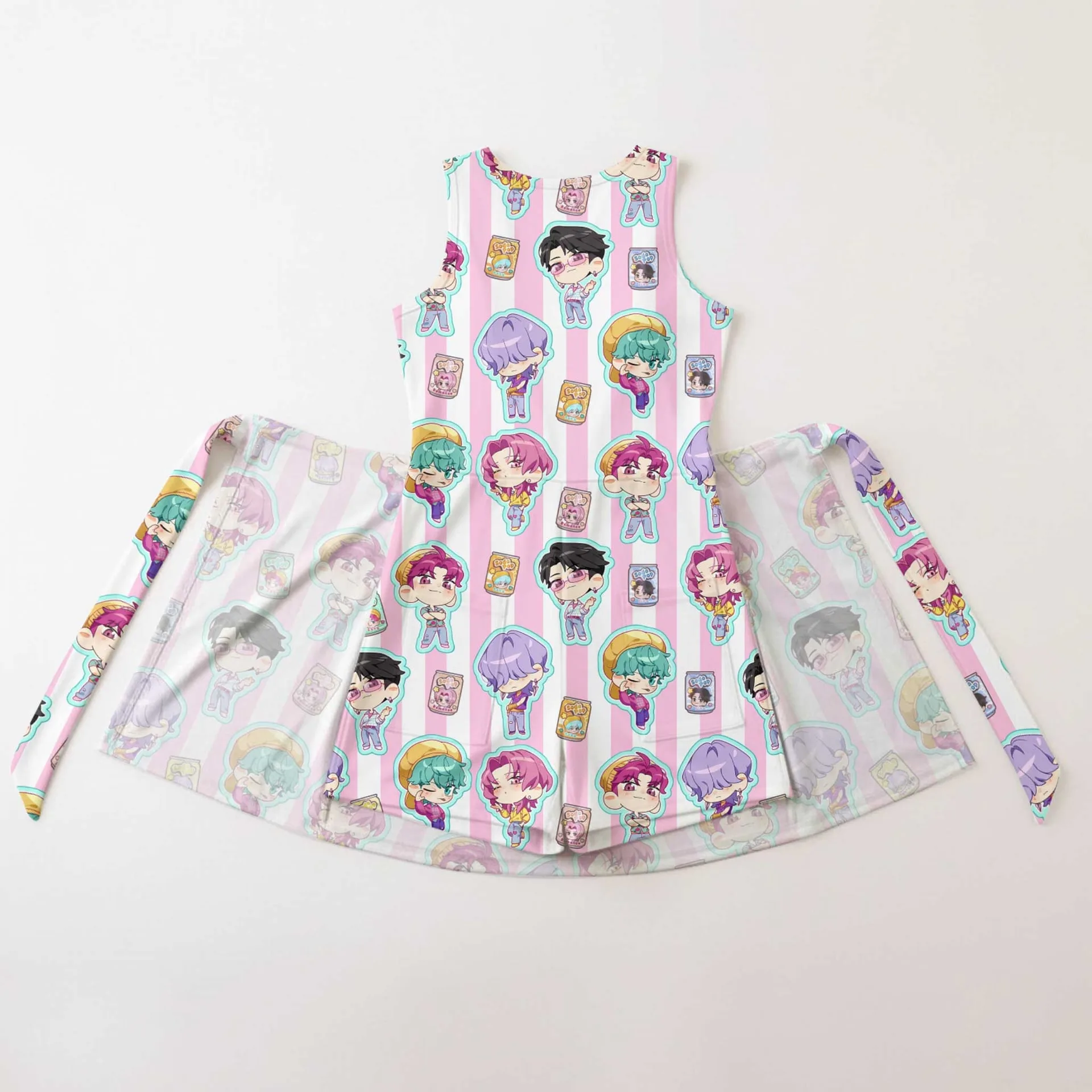 KPop Demon Hunters Inspired Mother Daughter Matching Tennis Dress, Pink Stripe Chibi Saja Boys Bow Skort Dress, KPop Character Outfit, Theme Park Vacation Clothing, Cute Mommy and Me Outfit - Image 2