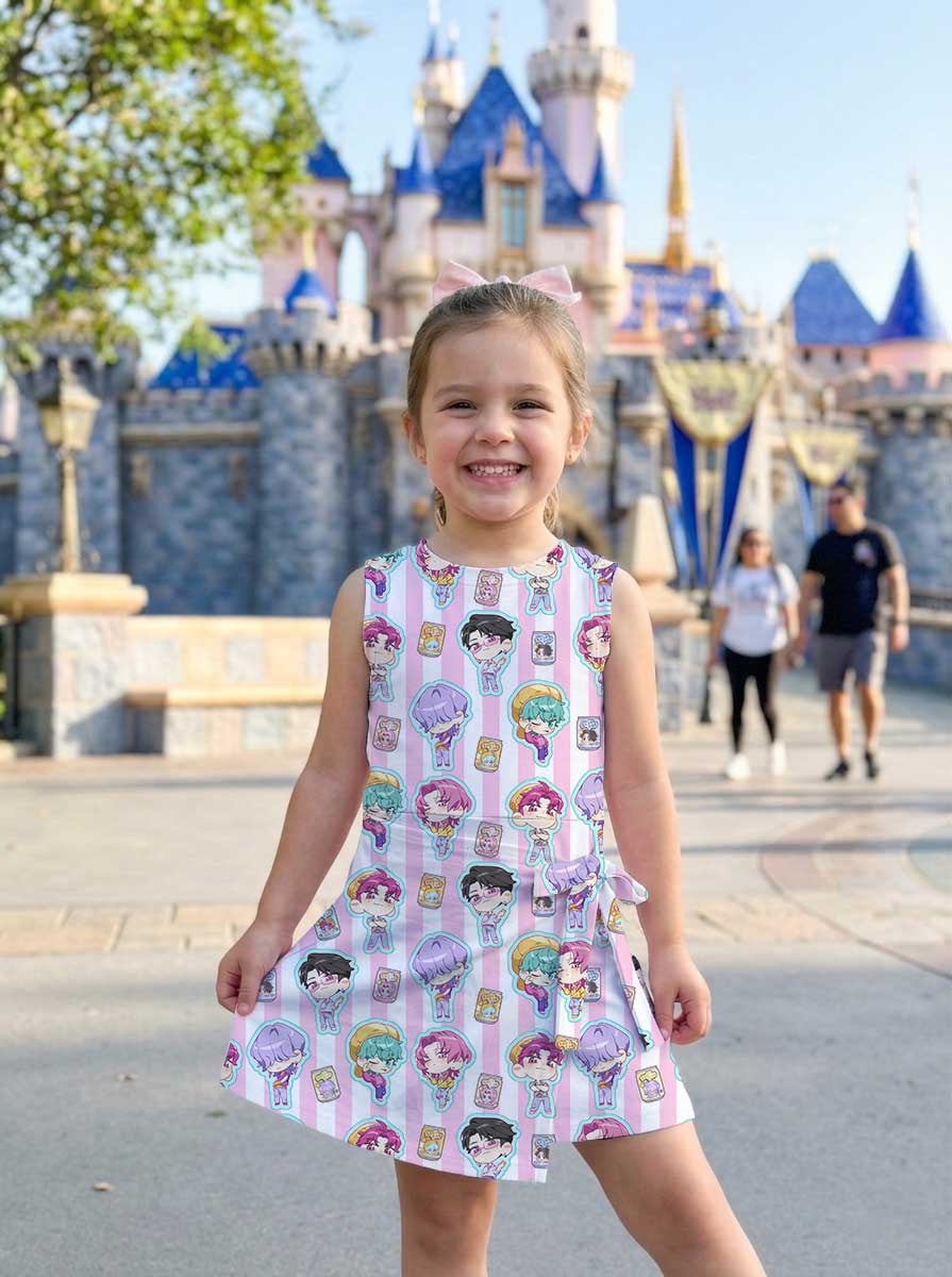 KPop Demon Hunters Inspired Mother Daughter Matching Tennis Dress, Pink Stripe Chibi Saja Boys Bow Skort Dress, KPop Character Outfit, Theme Park Vacation Clothing, Cute Mommy and Me Outfit - Image 9