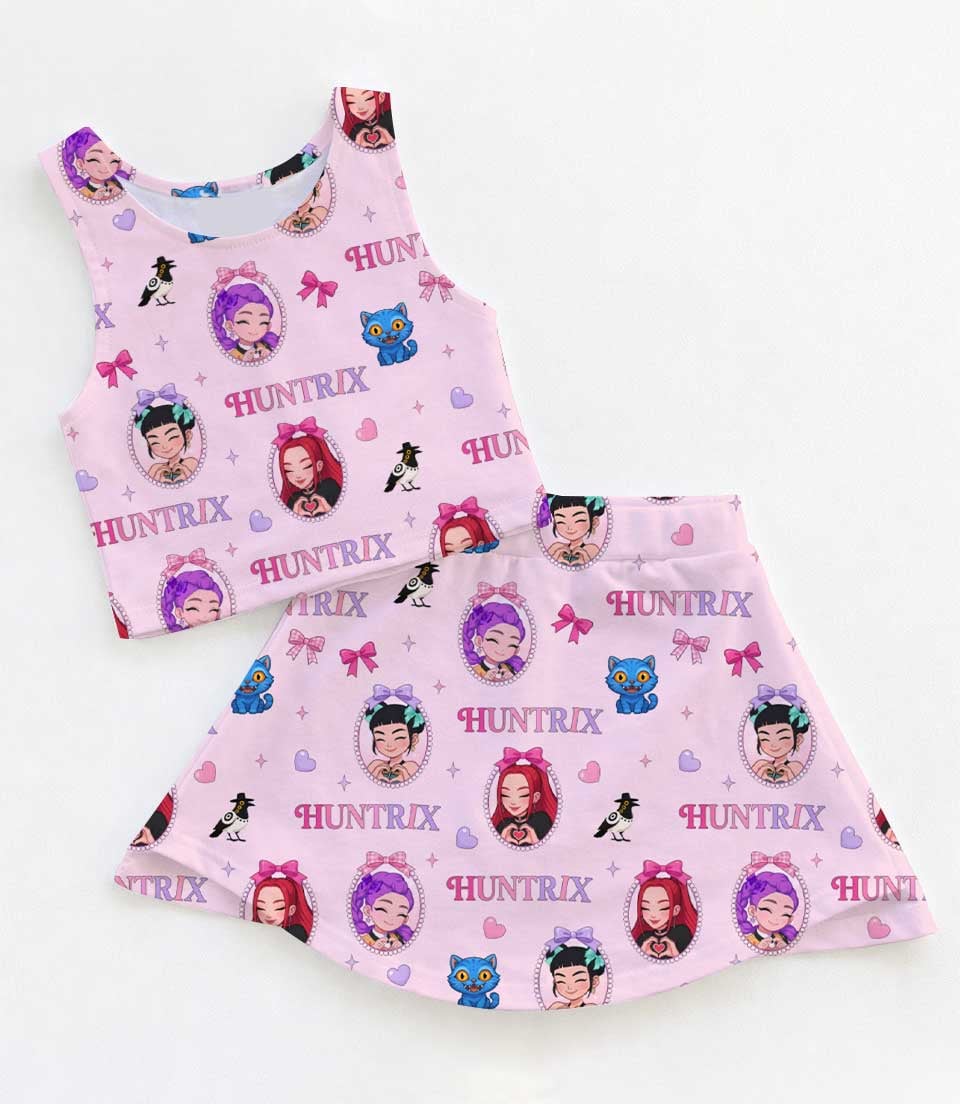KPop Demon Hunters HUNTR/X Inspired Girls Two Piece Dress Set, Rumi Mira Zoey Pink Character Crop Top & Skater Skirt, KPop Anime Outfit, Cute Summer Fan Clothing