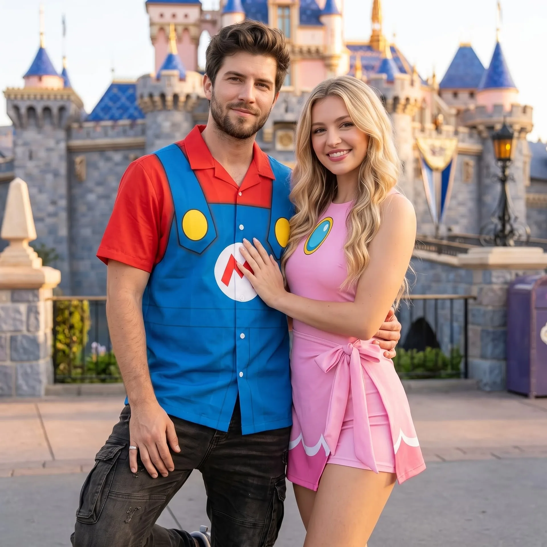 Mario & Princess Peach Inspired Matching Couple Outfit, Mario Hawaiian Shirt & Princess Peach Tennis Dress, Video Game Character Outfit, Theme Park Vacation Clothing, Cute Couple Park Outfit - Image 2