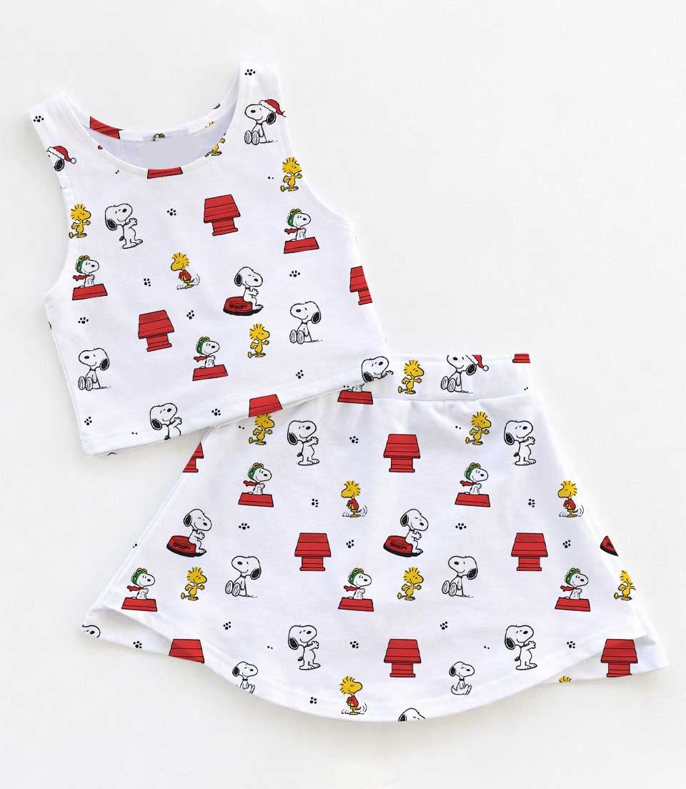 Snoopy & Woodstock Inspired Girls Two Piece Dress Set, Peanuts Cartoon White Crop Top & Skater Skirt, Cute Dog Character Outfit, Theme Park Vacation Clothing, Summer Girls Outfit