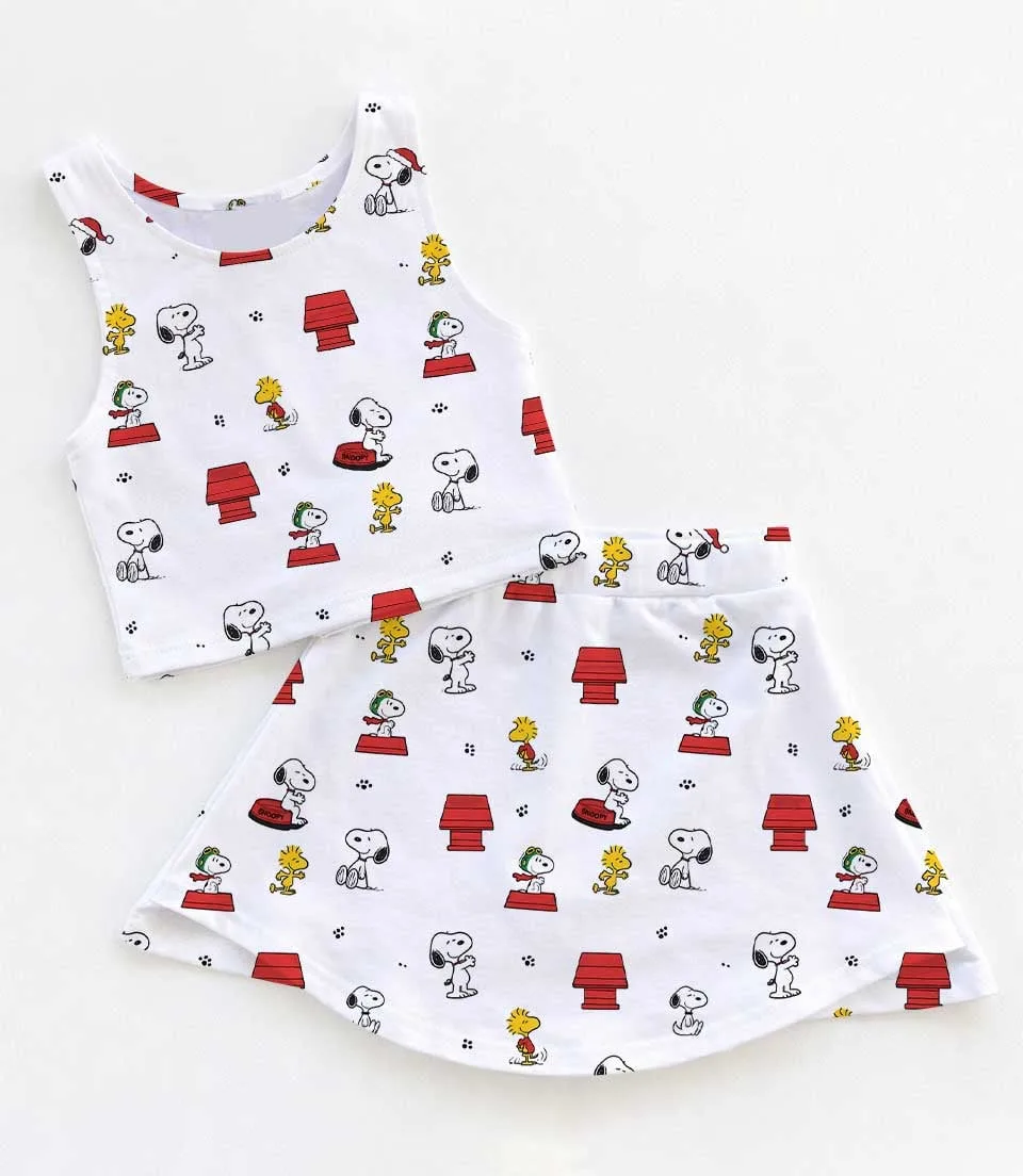 Snoopy & Woodstock Inspired Girls Two Piece Dress Set, Peanuts Cartoon White Crop Top & Skater Skirt, Cute Dog Character Outfit, Theme Park Vacation Clothing, Summer Girls Outfit