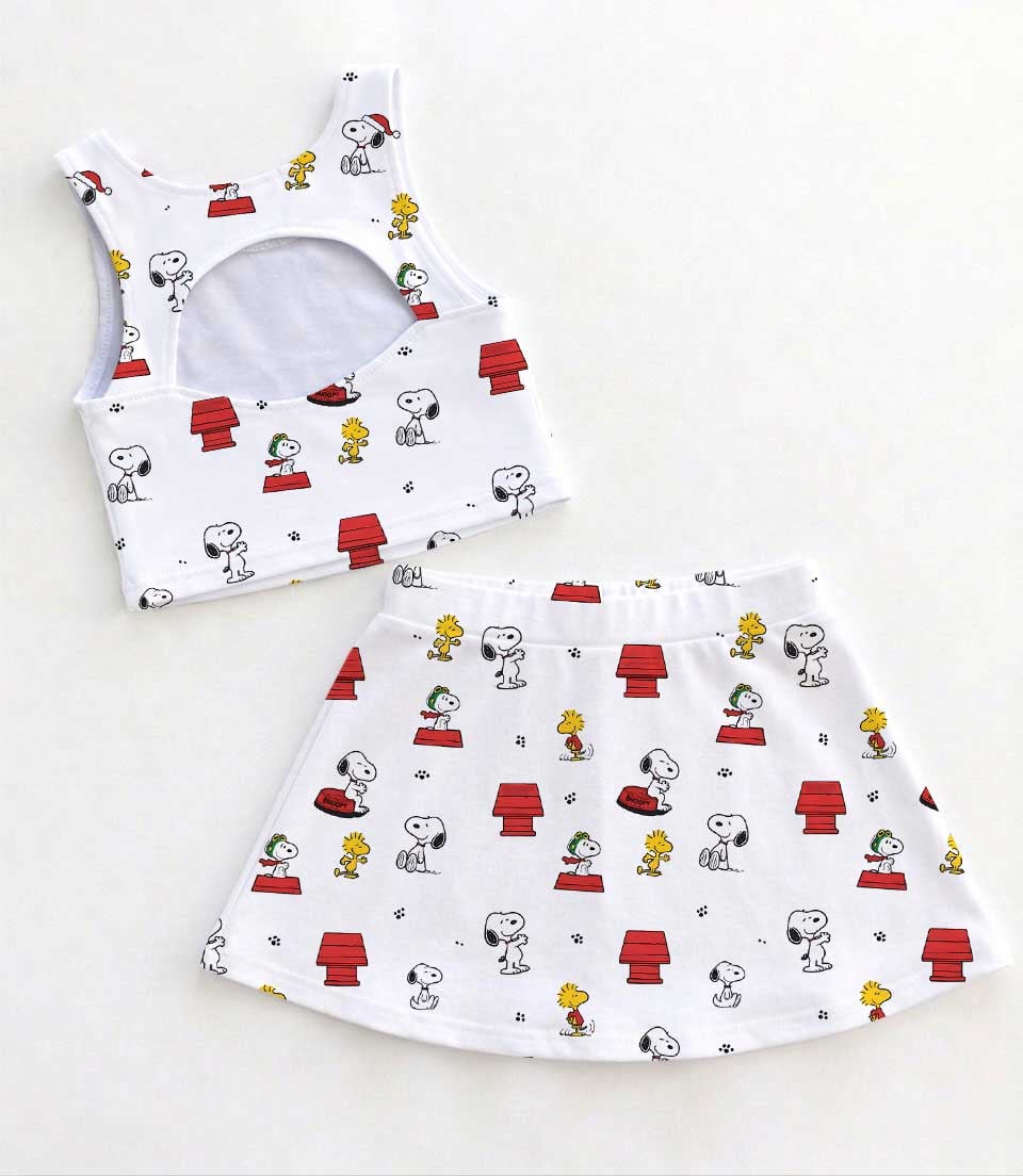 Snoopy & Woodstock Inspired Girls Two Piece Dress Set, Peanuts Cartoon White Crop Top & Skater Skirt, Cute Dog Character Outfit, Theme Park Vacation Clothing, Summer Girls Outfit - Image 2