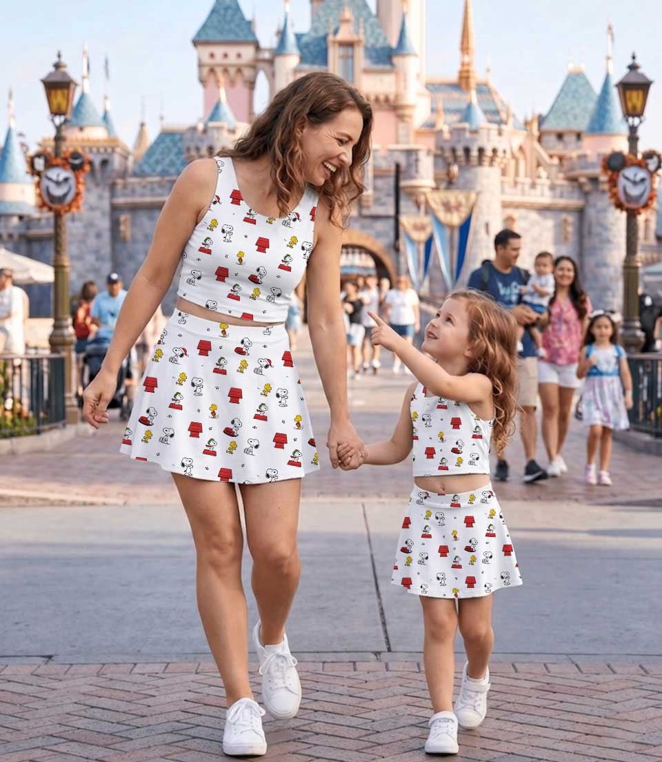 Snoopy & Woodstock Inspired Girls Two Piece Dress Set, Peanuts Cartoon White Crop Top & Skater Skirt, Cute Dog Character Outfit, Theme Park Vacation Clothing, Summer Girls Outfit - Image 4