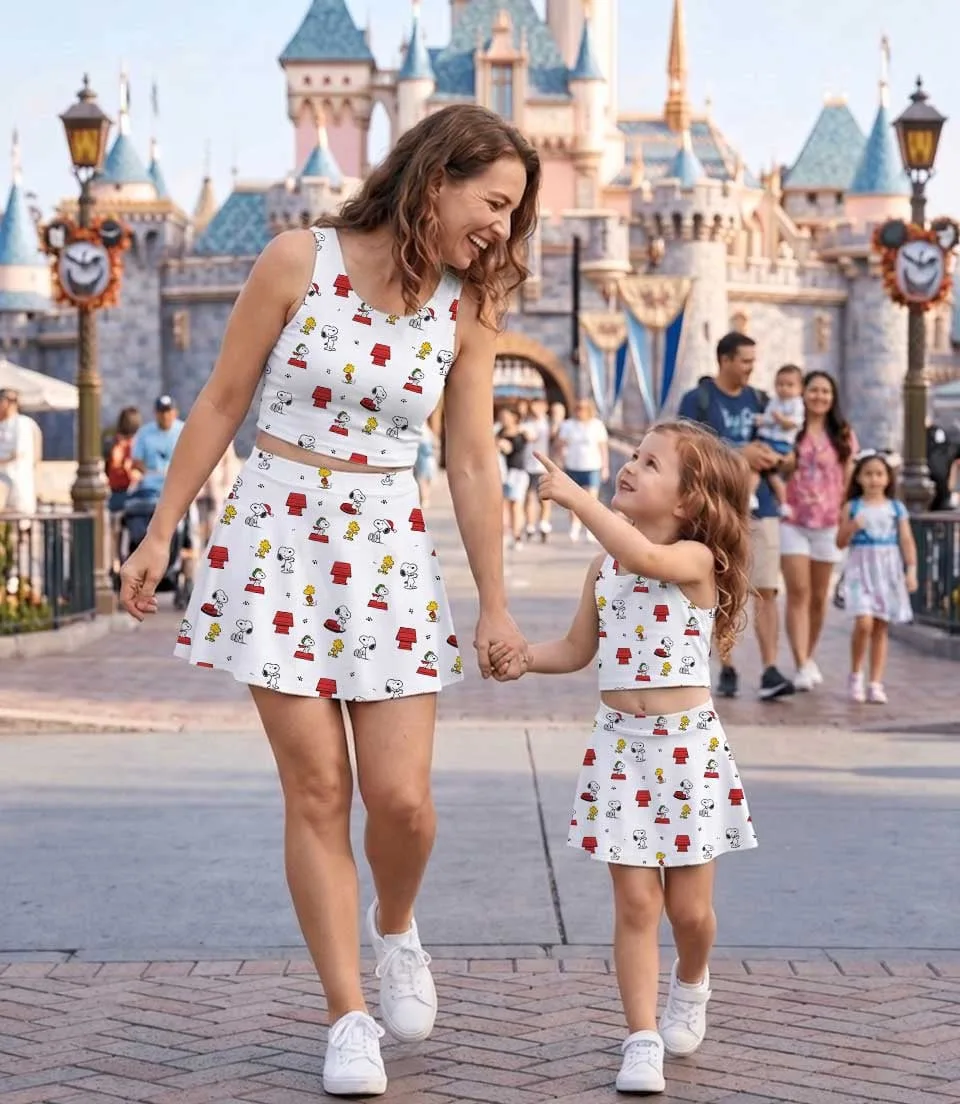 Snoopy & Woodstock Inspired Girls Two Piece Dress Set, Peanuts Cartoon White Crop Top & Skater Skirt, Cute Dog Character Outfit, Theme Park Vacation Clothing, Summer Girls Outfit - Image 4