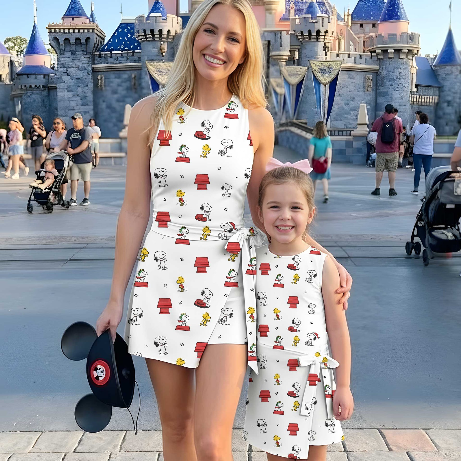 Snoopy & Woodstock Inspired Mother Daughter Matching Tennis Dress, Peanuts Cartoon White Bow Skort Dress, Cute Dog Character Outfit, Theme Park Vacation Clothing, Cute Mommy and Me Outfit