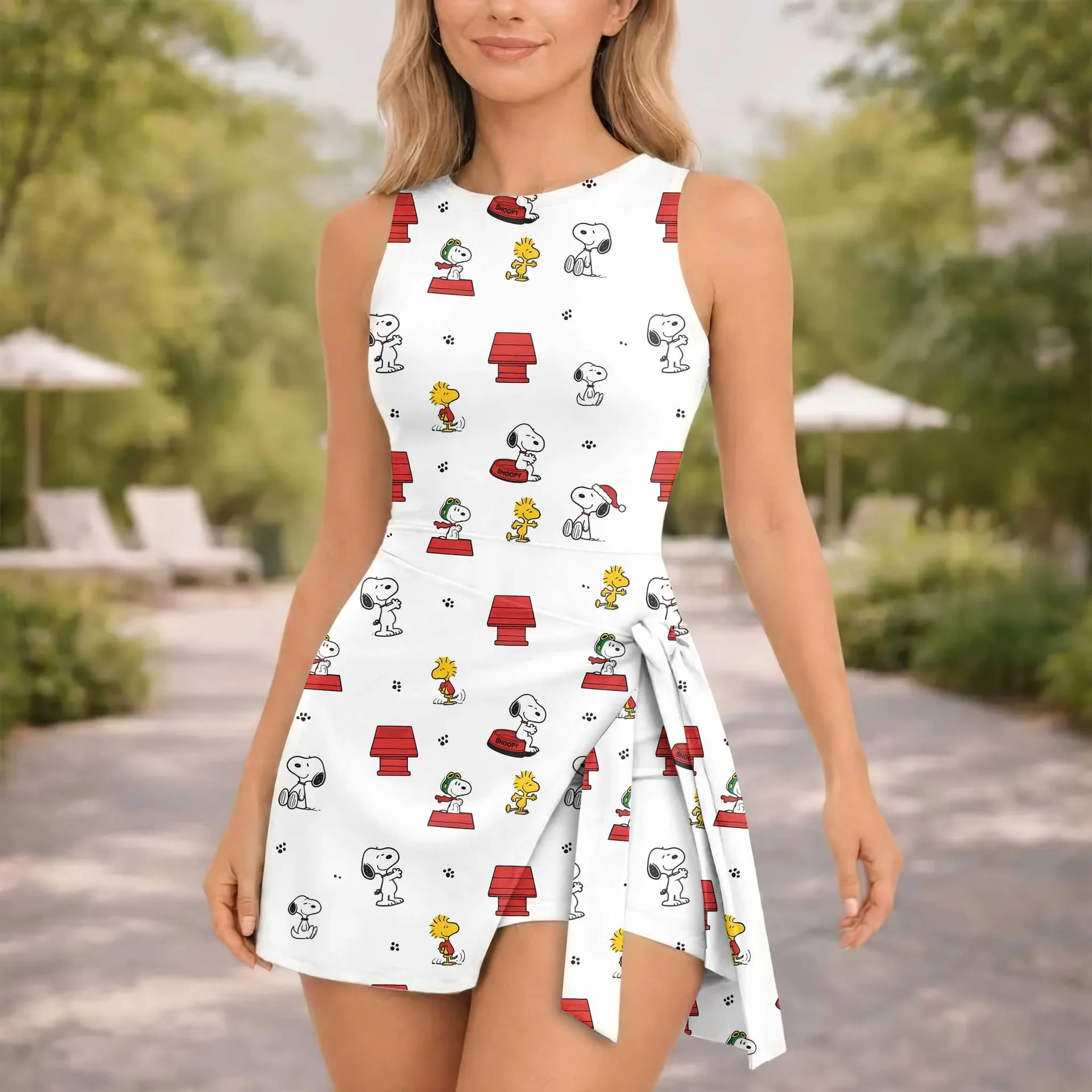Snoopy & Woodstock Inspired Mother Daughter Matching Tennis Dress, Peanuts Cartoon White Bow Skort Dress, Cute Dog Character Outfit, Theme Park Vacation Clothing, Cute Mommy and Me Outfit - Image 4