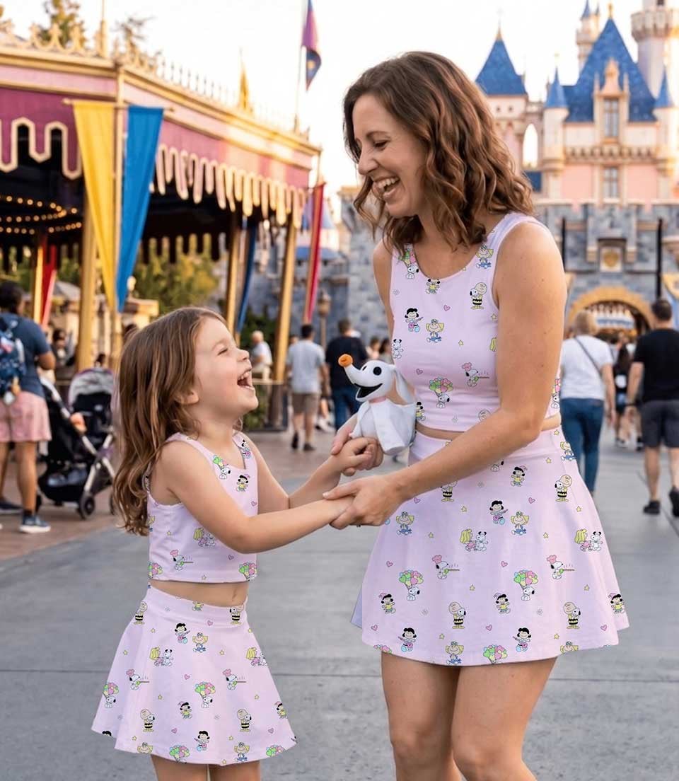 Snoopy & Peanuts Inspired Tennis & Skater Dress, Pink Charlie Brown & Friends Character Print Dress, Mother Daughter Matching Outfit, Cute Cartoon Vacation Clothing - Image 3