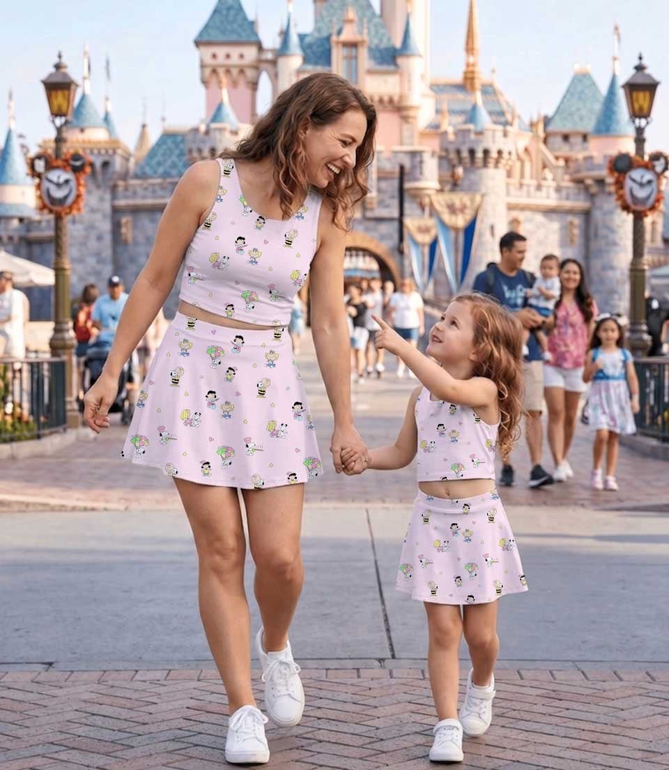 Snoopy & Peanuts Inspired Tennis & Skater Dress, Pink Charlie Brown & Friends Character Print Dress, Mother Daughter Matching Outfit, Cute Cartoon Vacation Clothing - Image 4