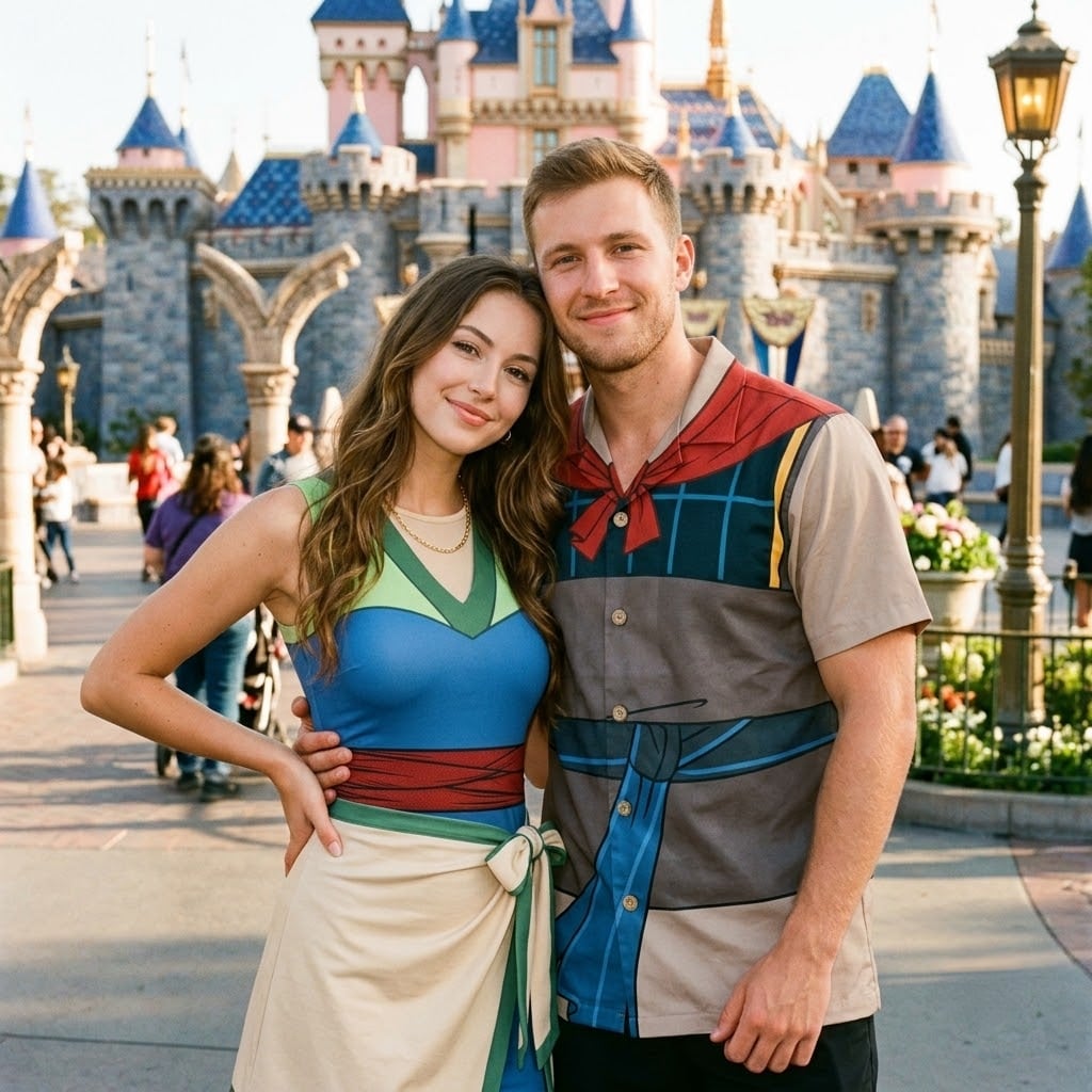 Mulan & Li Shang Inspired Matching Couple Outfit, Mulan Tennis & Skater Dress, Li Shang Hawaiian Shirt, Asian Princess Character Outfit, Theme Park Vacation Clothing, Cute Couples Costume