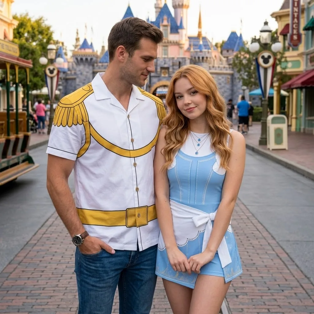 Cinderella & Prince Charming Inspired Couple Outfit, Cinderella Tennis & Skater Dress, Prince Charming Hawaiian Shirt, Fairy Tale Character Matching Outfit, Theme Park Vacation Clothing - Image 2