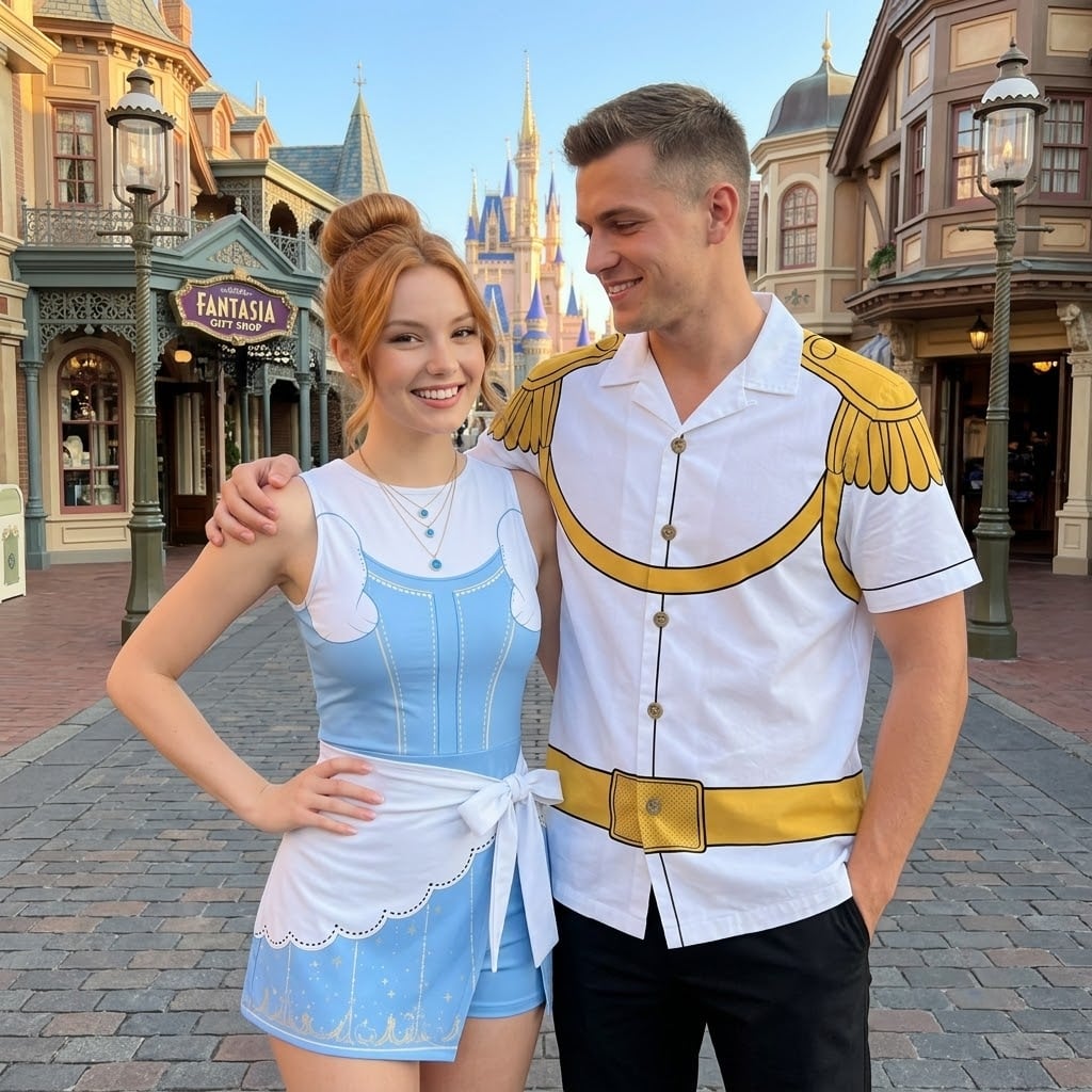 Cinderella & Prince Charming Inspired Couple Outfit, Cinderella Tennis & Skater Dress, Prince Charming Hawaiian Shirt, Fairy Tale Character Matching Outfit, Theme Park Vacation Clothing