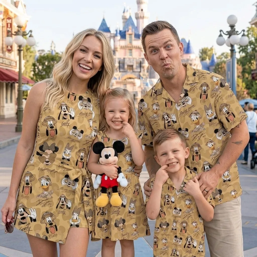 Mickey & Friends Family Matching Outfit, Vintage Mickey Minnie Donald Goofy Pluto Print Tennis & Skater Dress & Hawaiian Shirt, Mom Dad Kids Matching Clothing, Theme Park Vacation Out - Image 5