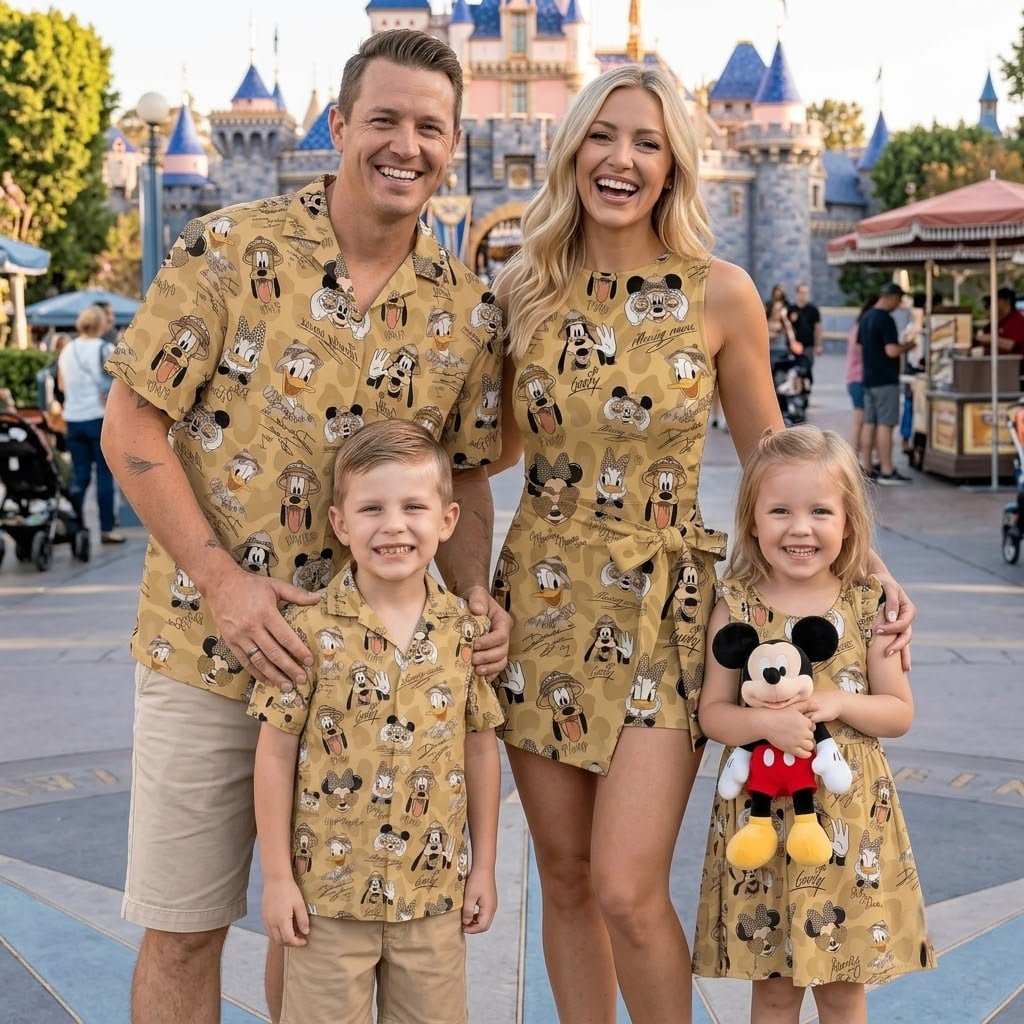 Mickey & Friends Family Matching Outfit, Vintage Mickey Minnie Donald Goofy Pluto Print Tennis & Skater Dress & Hawaiian Shirt, Mom Dad Kids Matching Clothing, Theme Park Vacation Out