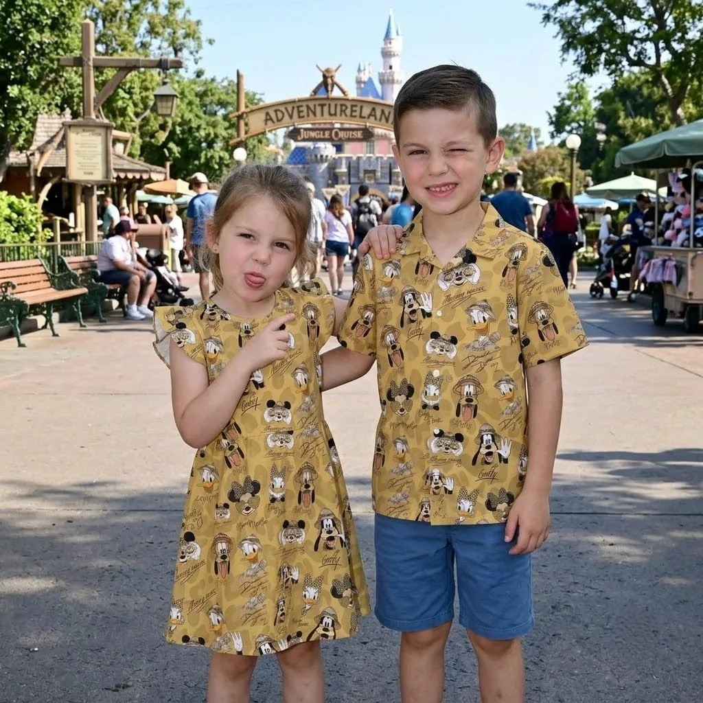Mickey & Friends Family Matching Outfit, Vintage Mickey Minnie Donald Goofy Pluto Print Tennis & Skater Dress & Hawaiian Shirt, Mom Dad Kids Matching Clothing, Theme Park Vacation Out - Image 2