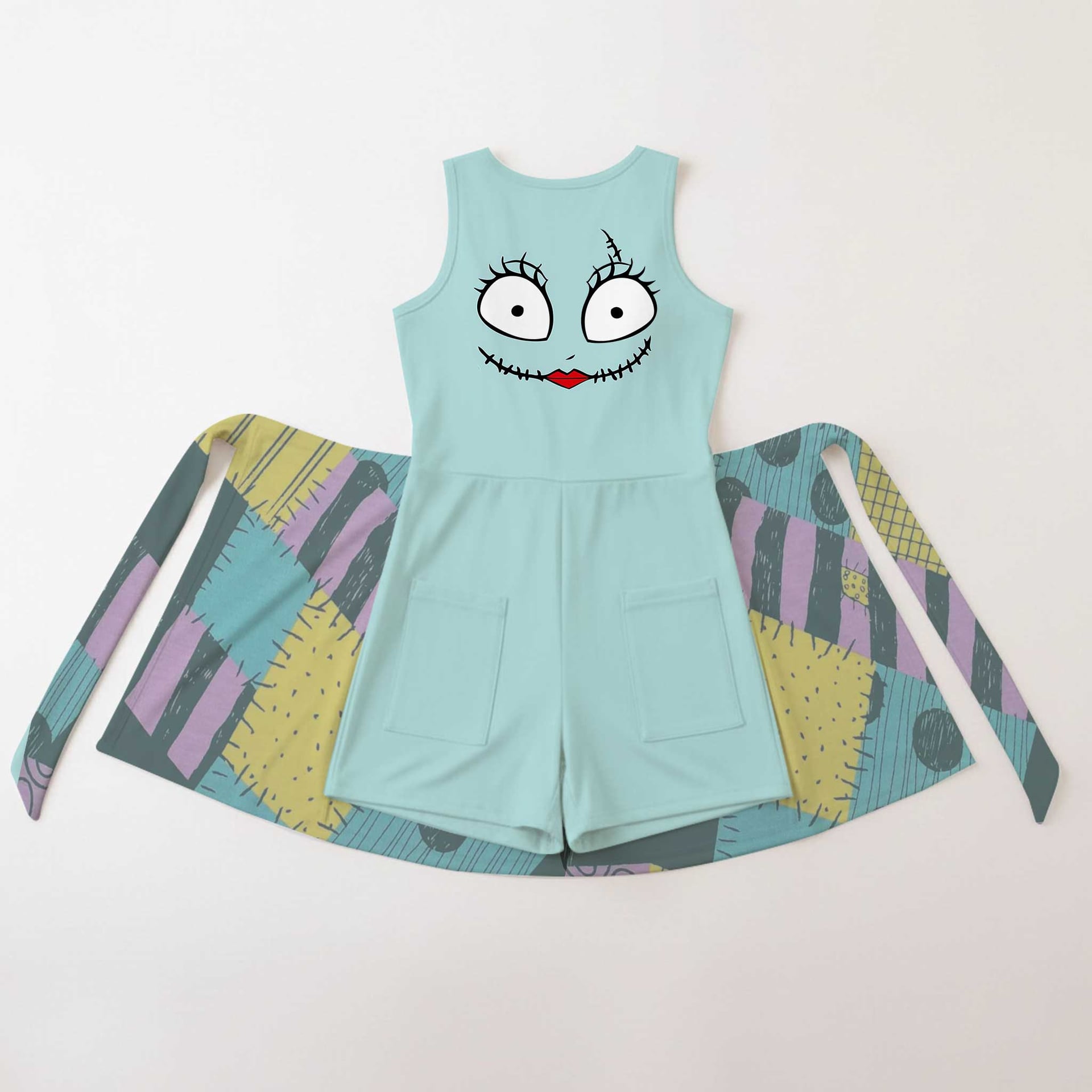 Sally Nightmare Before Christmas Tennis Dress, Patchwork Character Print Dress, Women Halloween Outfit, Tim Burton Inspired Theme Park Vacation Clothing - Image 2
