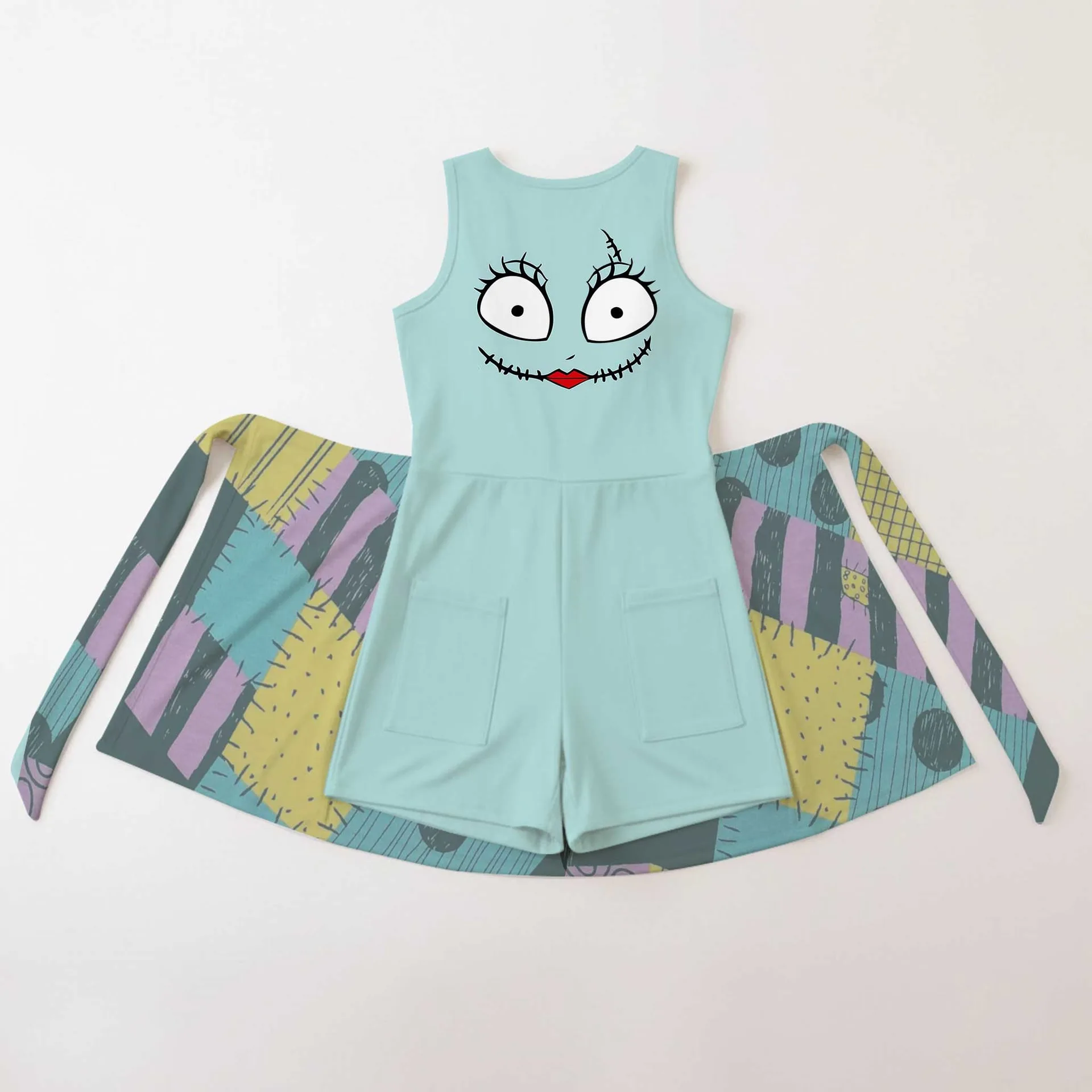 Sally Nightmare Before Christmas Tennis Dress, Patchwork Character Print Dress, Women Halloween Outfit, Tim Burton Inspired Theme Park Vacation Clothing - Image 2
