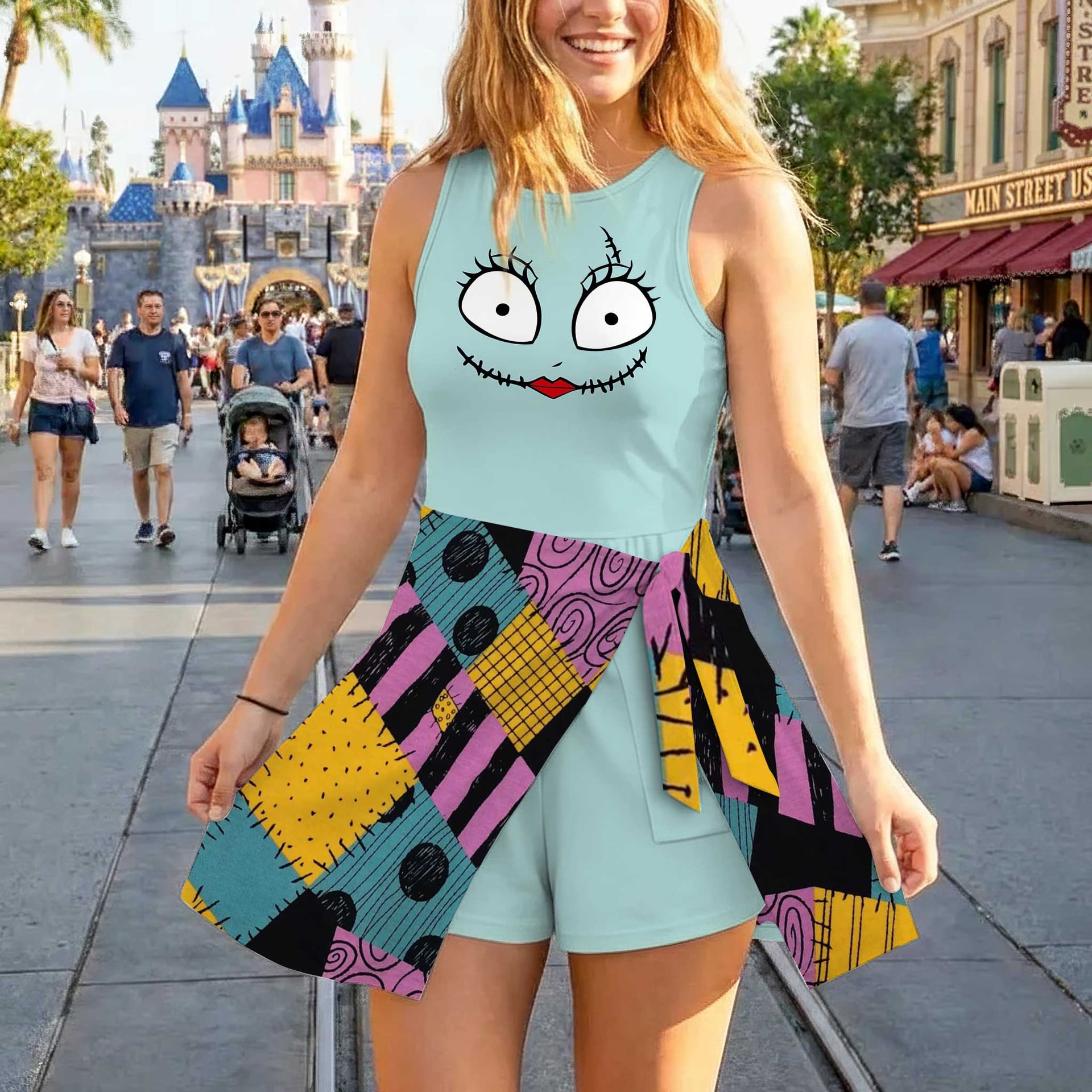 Sally Nightmare Before Christmas Tennis Dress, Patchwork Character Print Dress, Women Halloween Outfit, Tim Burton Inspired Theme Park Vacation Clothing - Image 3