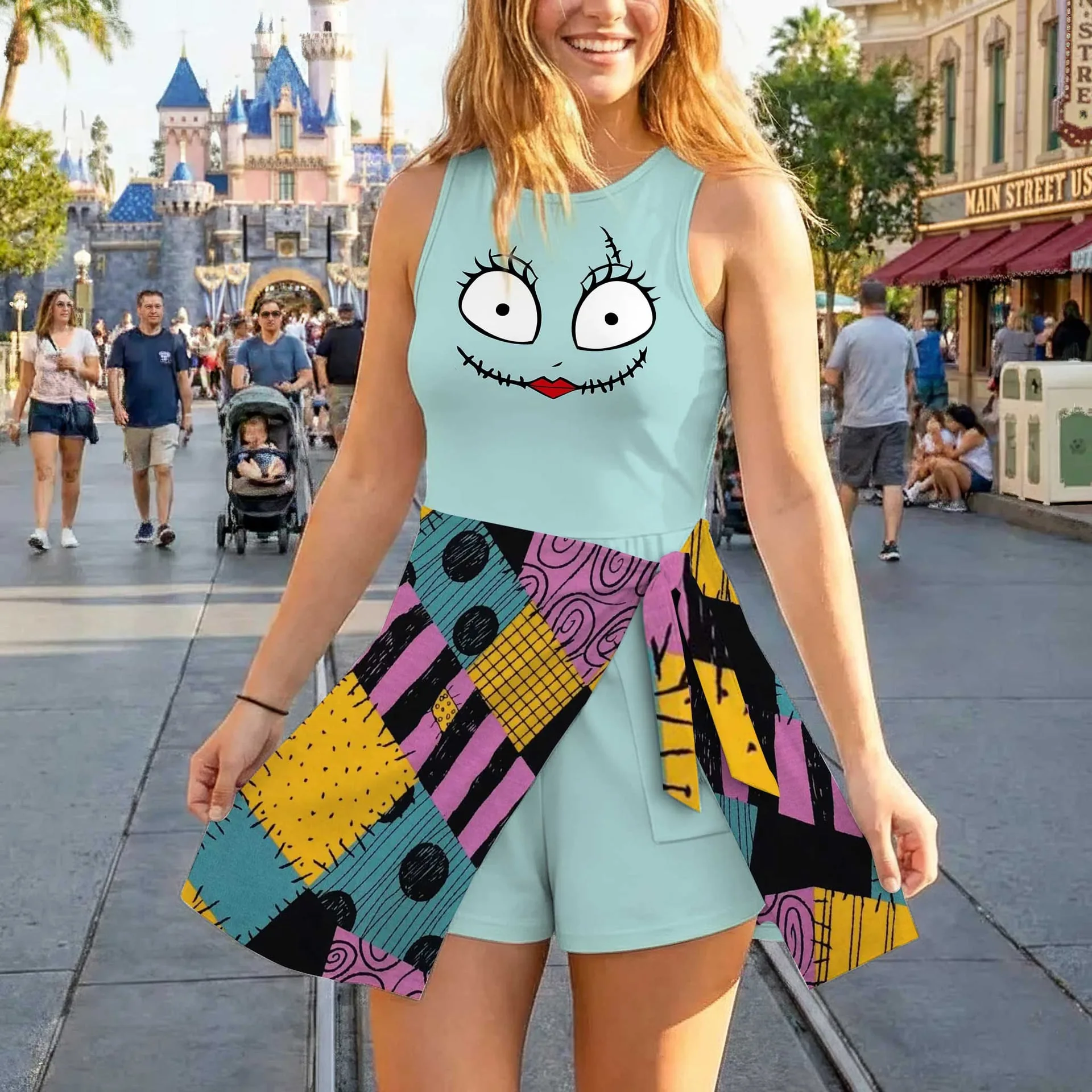 Sally Nightmare Before Christmas Tennis Dress, Patchwork Character Print Dress, Women Halloween Outfit, Tim Burton Inspired Theme Park Vacation Clothing - Image 3