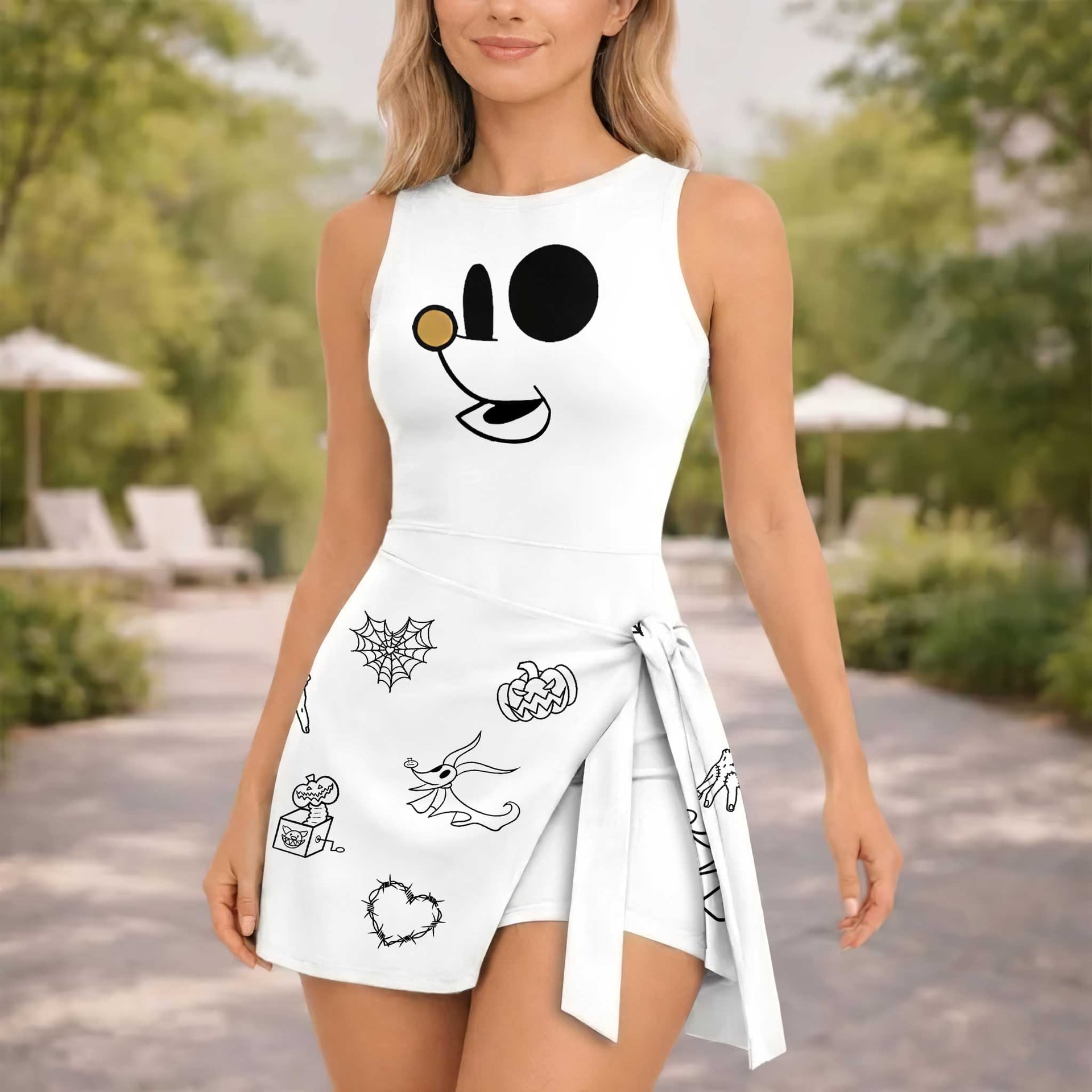 Zero Nightmare Before Christmas Tennis Dress, White Ghost Dog & Pumpkin Print Dress, Women Halloween Outfit, Tim Burton Inspired Theme Park Vacation Clothing - Image 4
