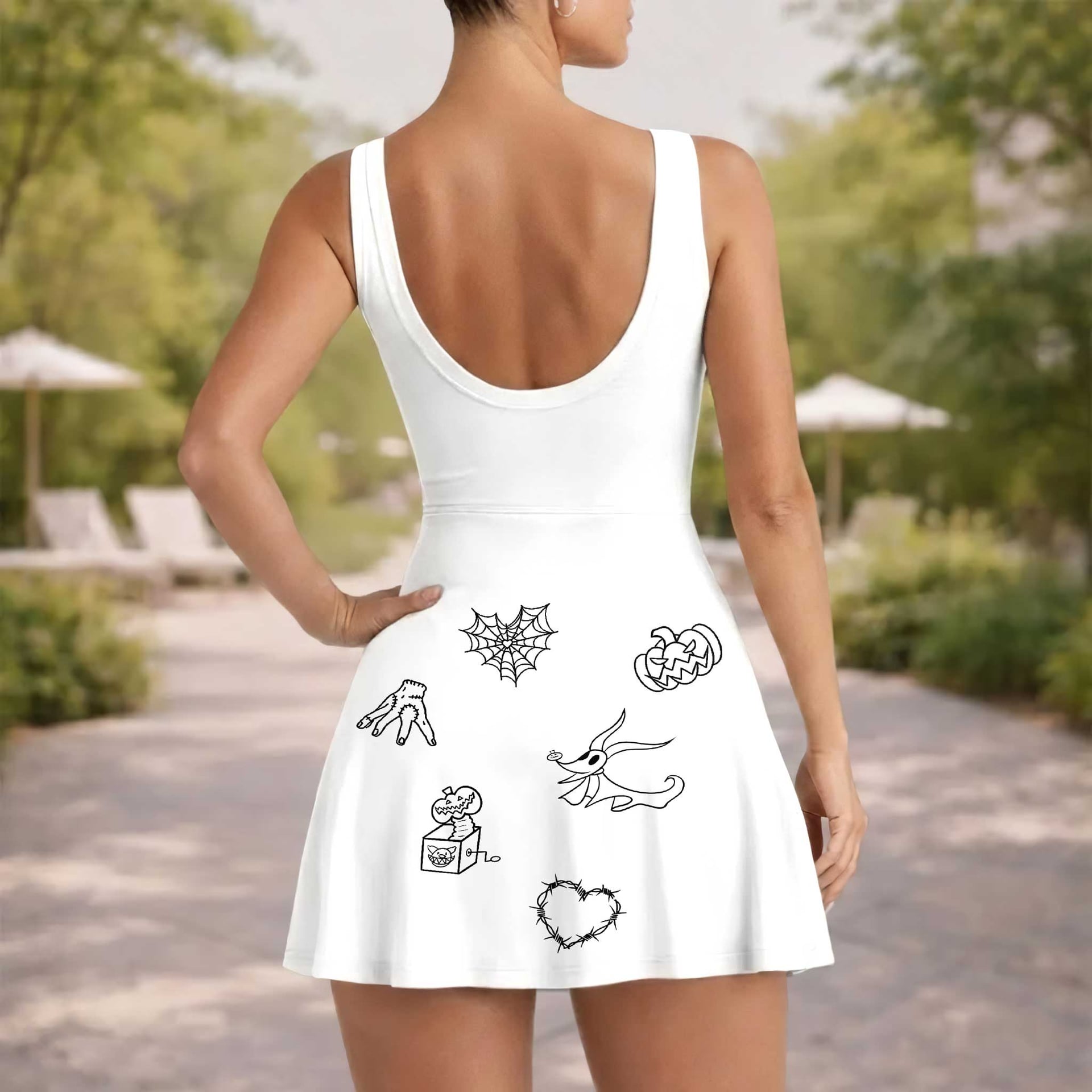 Zero Nightmare Before Christmas Tennis Dress, White Ghost Dog & Pumpkin Print Dress, Women Halloween Outfit, Tim Burton Inspired Theme Park Vacation Clothing - Image 5