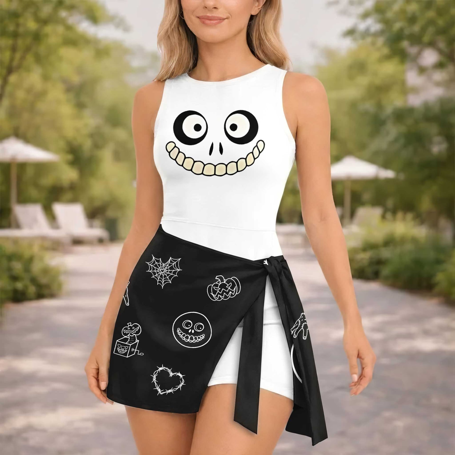 Jack Skellington Nightmare Before Christmas Tennis Dress, Black & White Pumpkin Spiderweb Print Dress, Women Halloween Outfit, Tim Burton Inspired Theme Park Vacation Clothing - Image 4