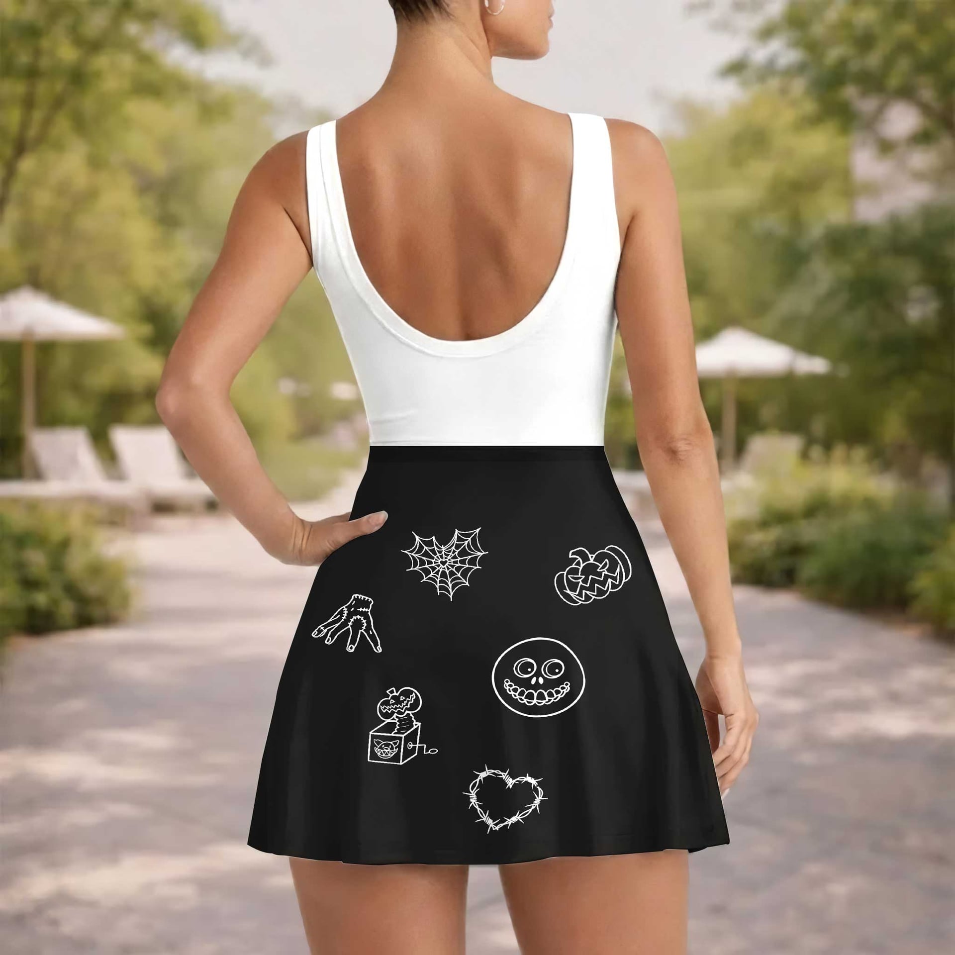 Jack Skellington Nightmare Before Christmas Tennis Dress, Black & White Pumpkin Spiderweb Print Dress, Women Halloween Outfit, Tim Burton Inspired Theme Park Vacation Clothing - Image 5