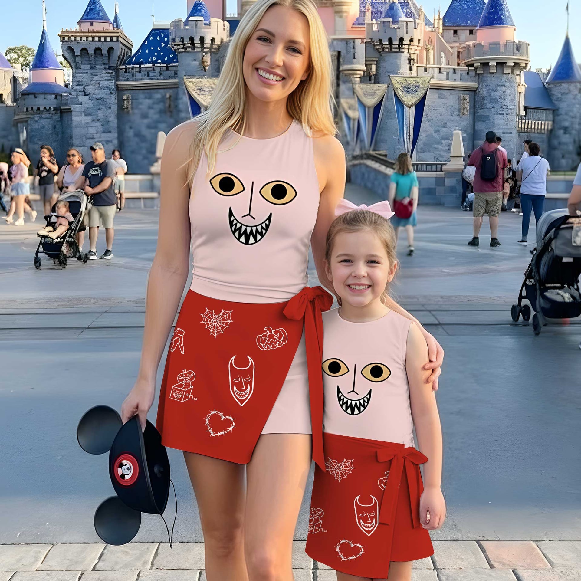 Lock Nightmare Before Christmas Tennis Dress, Pink & Red Halloween Character Print Dress, Women Halloween Outfit, Tim Burton Inspired Theme Park Vacation Clothing