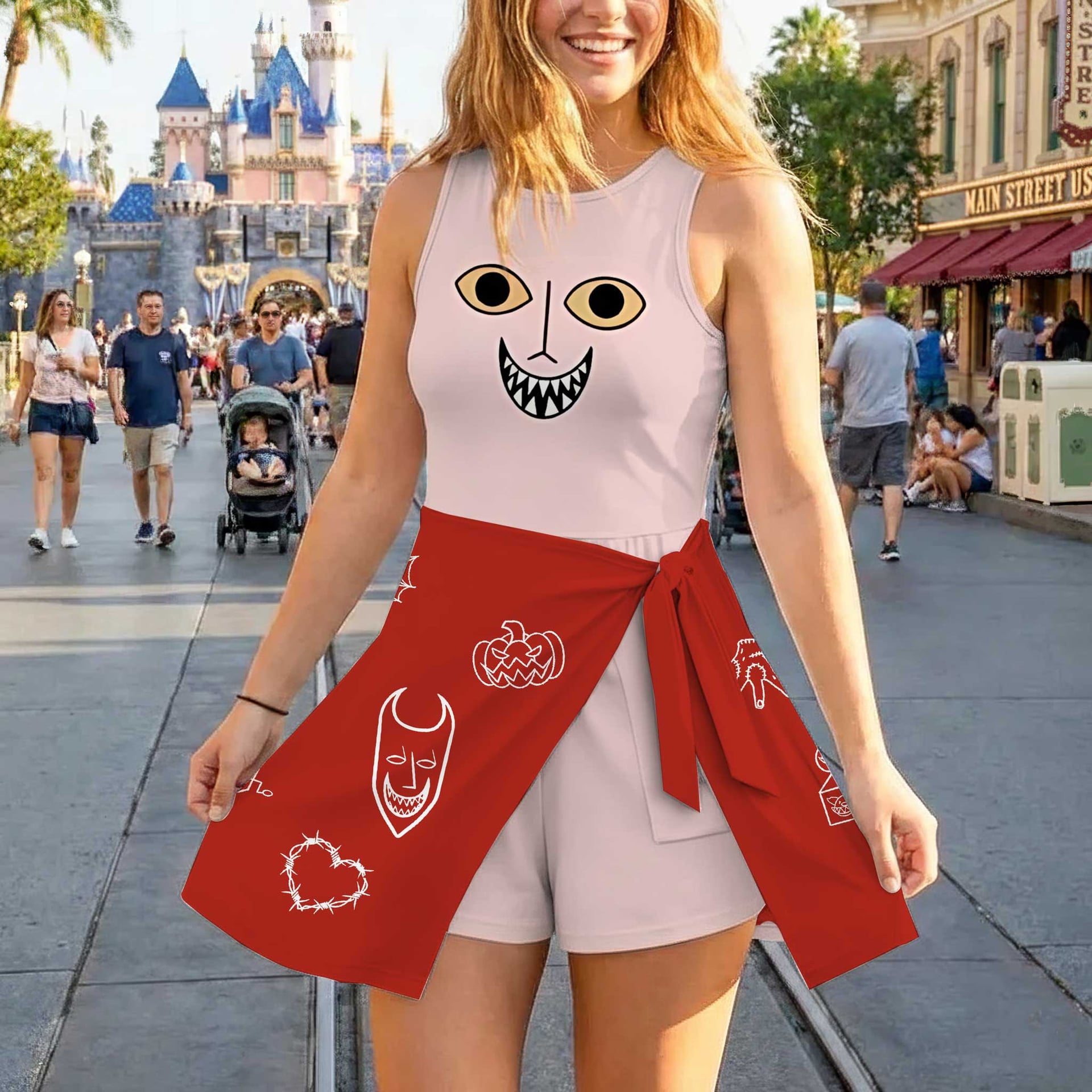 Lock Nightmare Before Christmas Tennis Dress, Pink & Red Halloween Character Print Dress, Women Halloween Outfit, Tim Burton Inspired Theme Park Vacation Clothing - Image 3