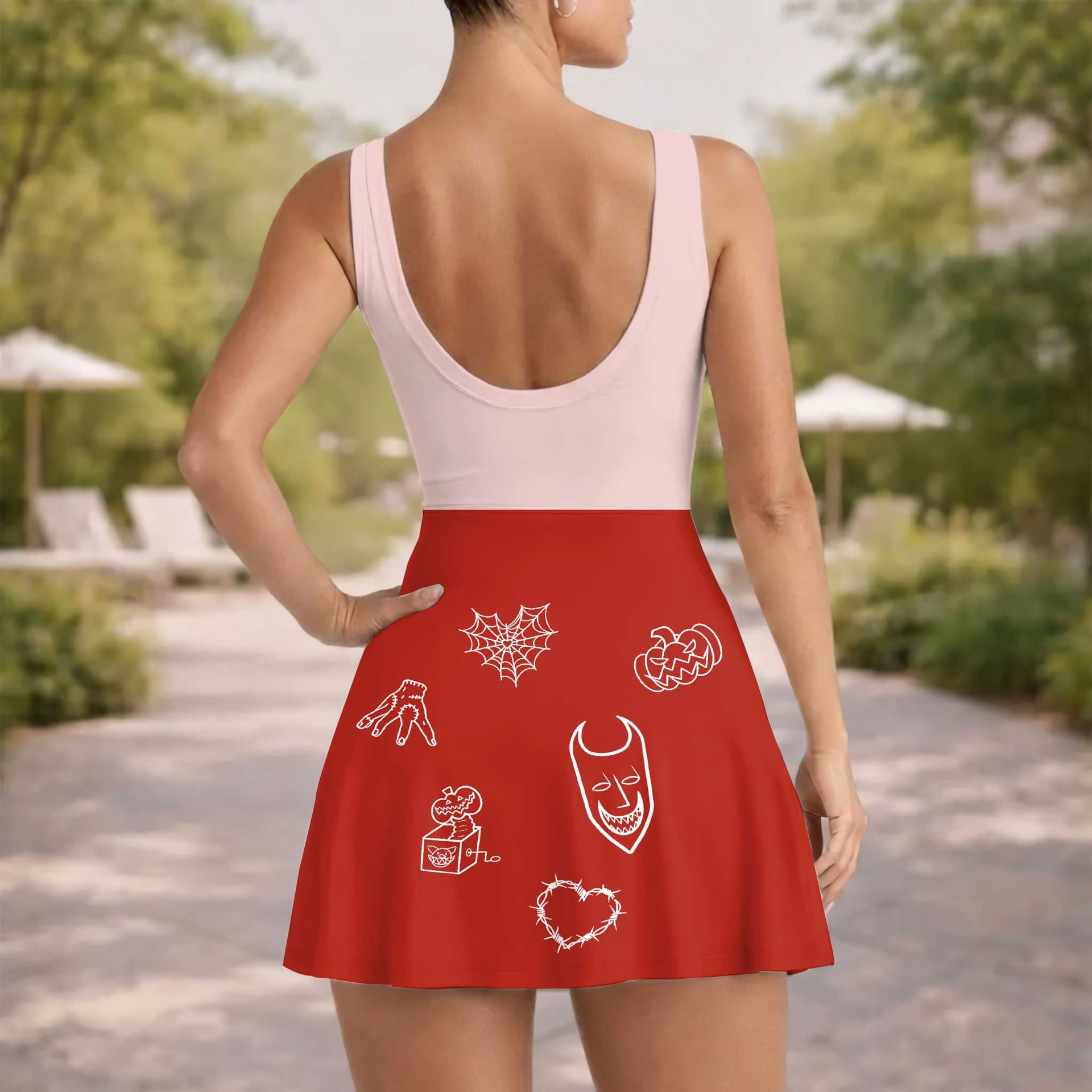 Lock Nightmare Before Christmas Tennis Dress, Pink & Red Halloween Character Print Dress, Women Halloween Outfit, Tim Burton Inspired Theme Park Vacation Clothing - Image 5