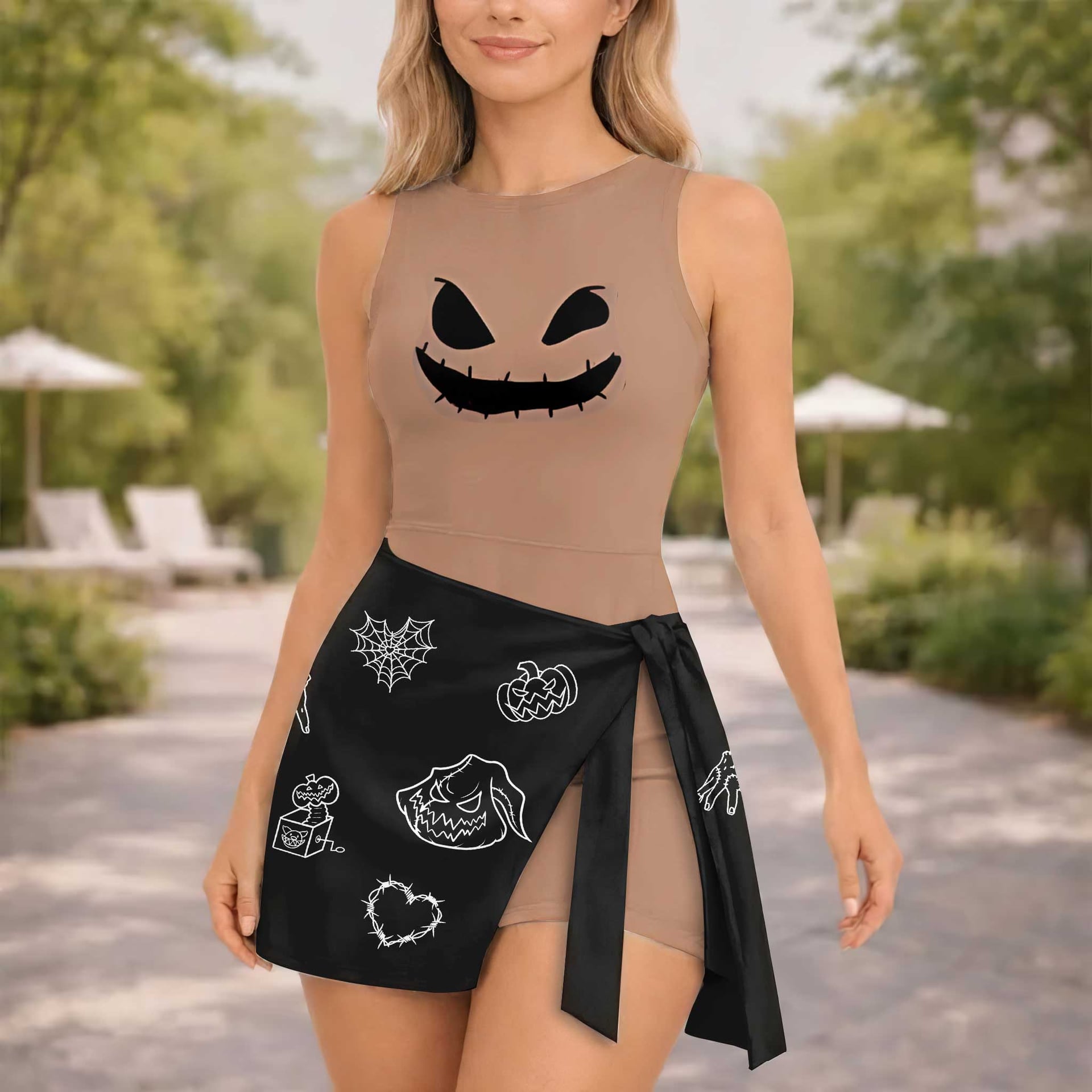 Oogie Boogie Nightmare Before Christmas Tennis Dress, Brown & Black Halloween Character Print Dress, Mother Daughter Matching Outfit, Tim Burton Inspired Theme Park Vacation Clothing - Image 4