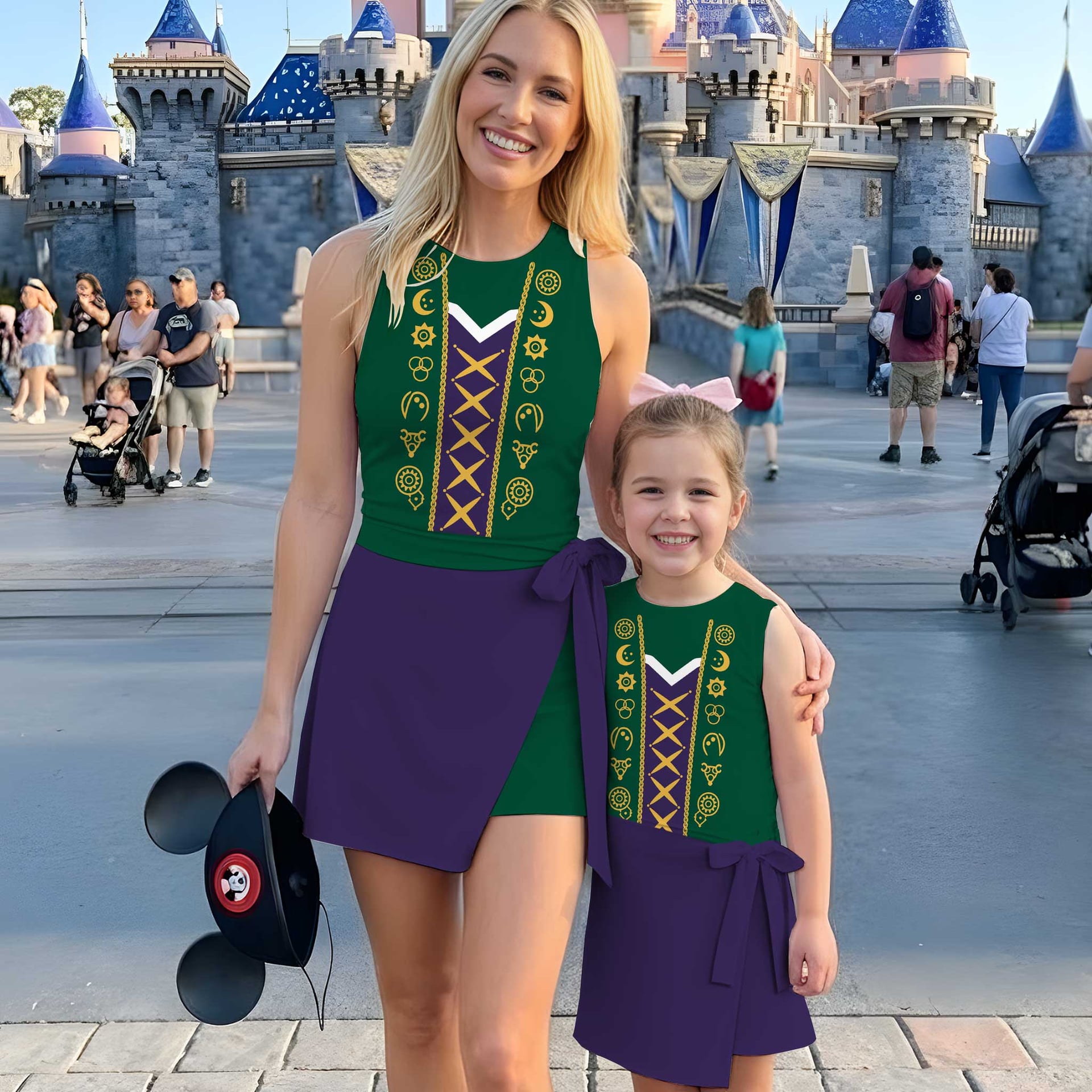 Hocus Pocus Winifred Sanderson Tennis Dress, Green & Purple Witch Costume Print Dress, Mother Daughter Matching Outfit, Halloween Inspired Theme Park Vacation Clothing