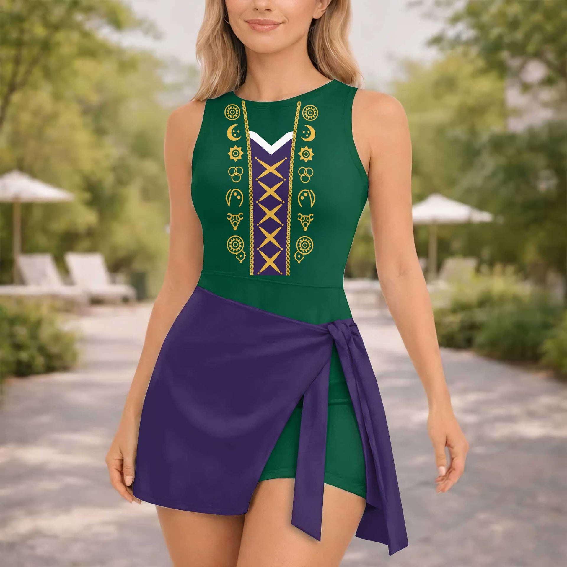 Hocus Pocus Winifred Sanderson Tennis Dress, Green & Purple Witch Costume Print Dress, Mother Daughter Matching Outfit, Halloween Inspired Theme Park Vacation Clothing - Image 4