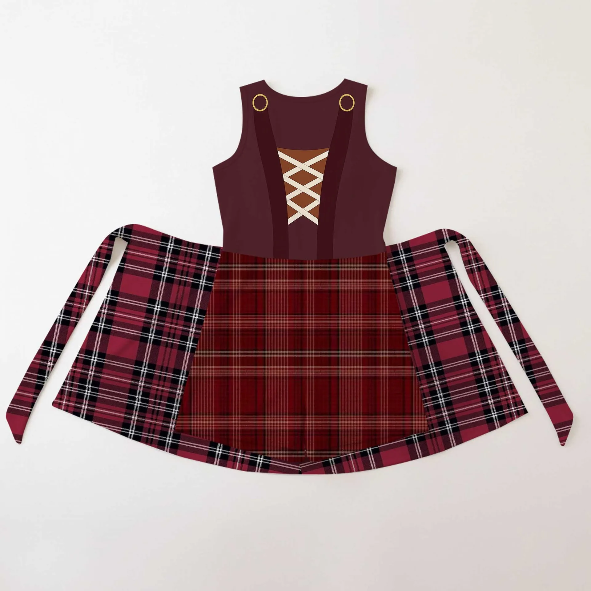 Mother Gothel Tangled Tennis Dress, Burgundy Plaid Corset Print Dress, Women Character Inspired Outfit, Tangled Inspired Theme Park Vacation Clothing - Image 2
