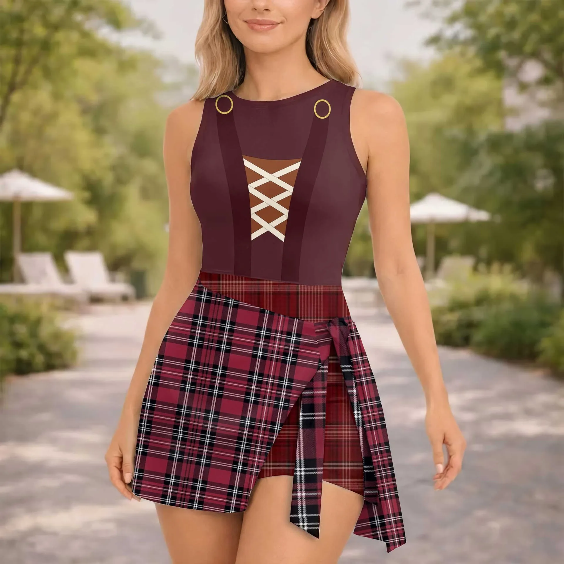 Mother Gothel Tangled Tennis Dress, Burgundy Plaid Corset Print Dress, Women Character Inspired Outfit, Tangled Inspired Theme Park Vacation Clothing - Image 4