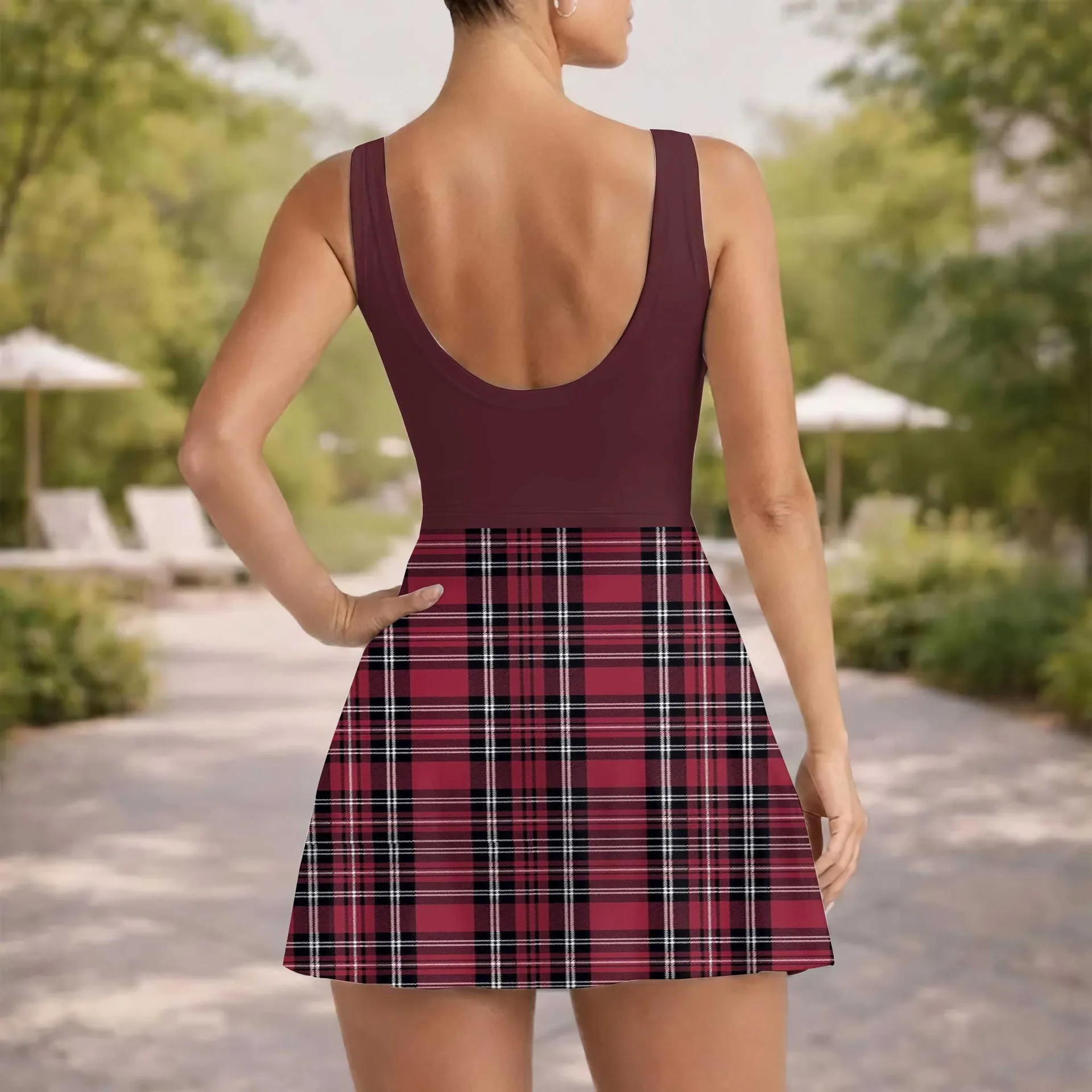 Mother Gothel Tangled Tennis Dress, Burgundy Plaid Corset Print Dress, Women Character Inspired Outfit, Tangled Inspired Theme Park Vacation Clothing - Image 5