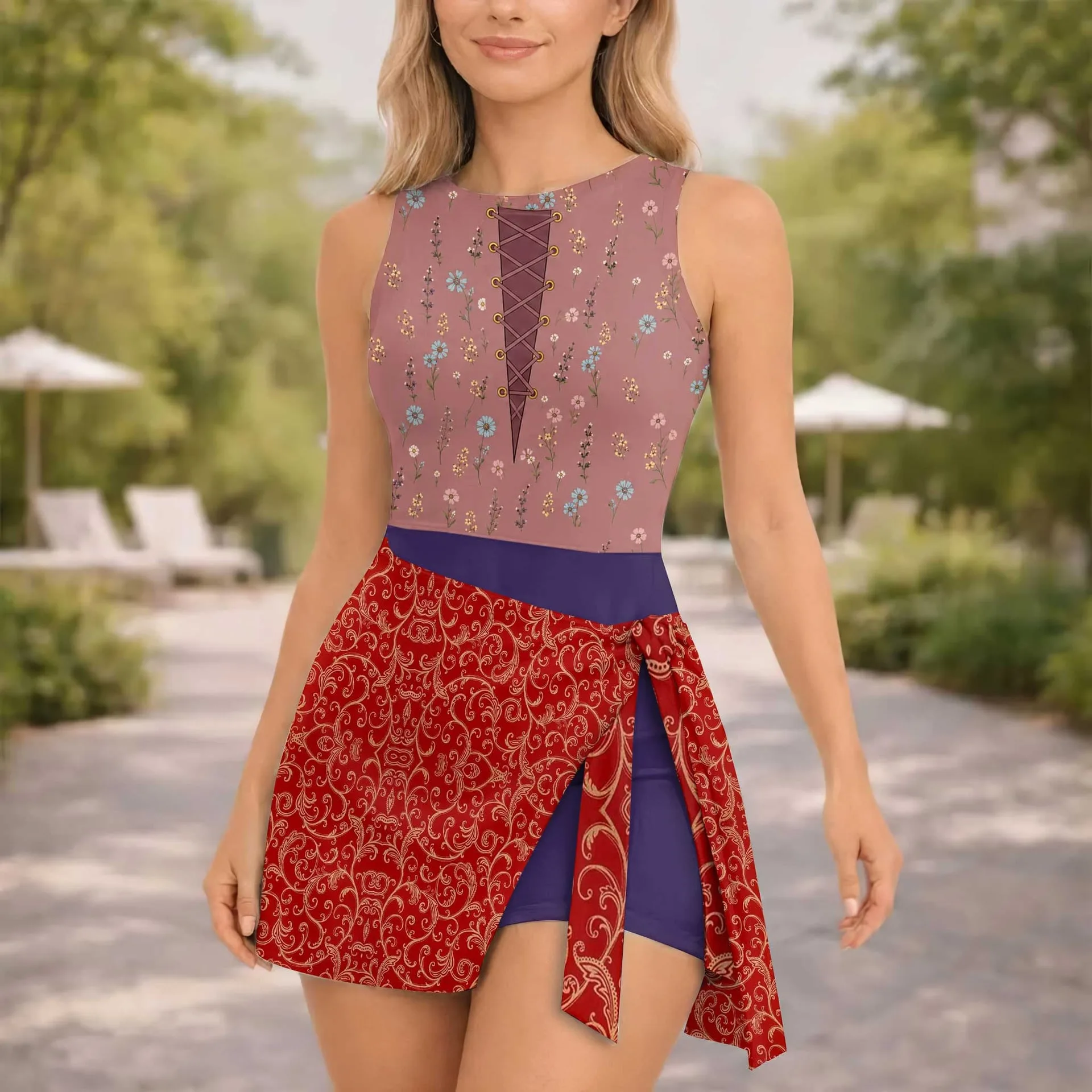 Mother Gothel Tangled Tennis Dress, Burgundy Floral Corset Print Dress, Mother Daughter Matching Outfit, Tangled Inspired Theme Park Vacation Clothing - Image 4