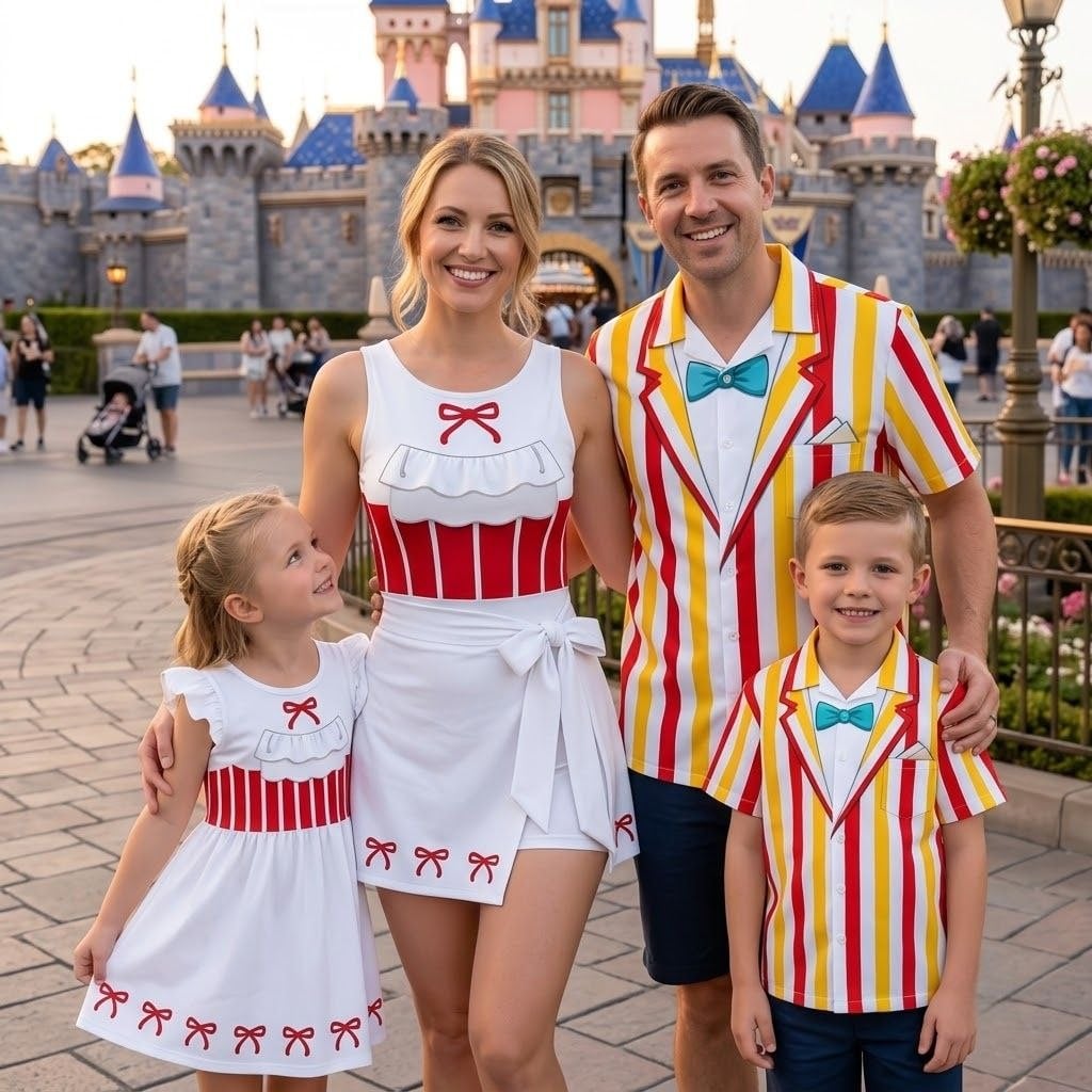 Mary Poppins Family Matching Outfit, Red White Striped Dress & Shirt Set, Mother Daughter Father Son Matching Outfit, Theme Park Vacation Family Clothing