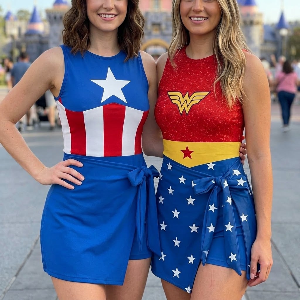 Captain America & Wonder Woman Tennis Dress, Superhero Red Blue Star Print Dress, Women Matching Outfit, Superhero Inspired Theme Park Vacation Clothing - Image 4