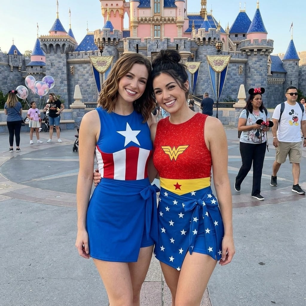 Captain America & Wonder Woman Tennis Dress, Superhero Red Blue Star Print Dress, Women Matching Outfit, Superhero Inspired Theme Park Vacation Clothing - Image 5