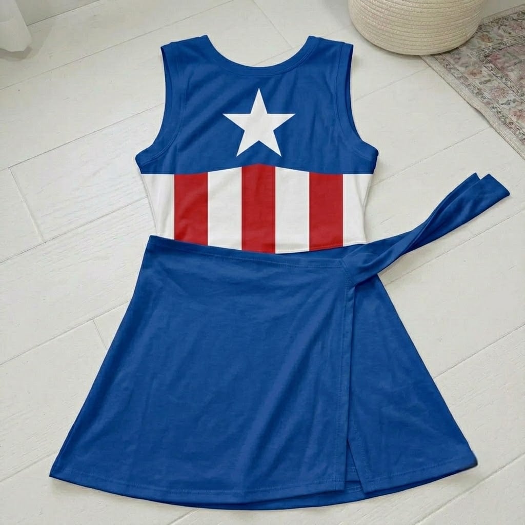 Captain America & Wonder Woman Tennis Dress, Superhero Red Blue Star Print Dress, Women Matching Outfit, Superhero Inspired Theme Park Vacation Clothing - Image 3