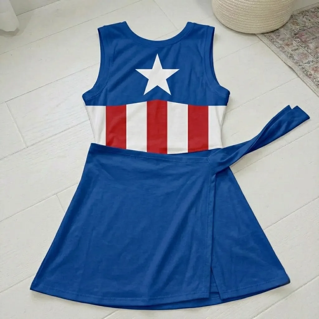 Captain America & Wonder Woman Tennis Dress, Superhero Red Blue Star Print Dress, Women Matching Outfit, Superhero Inspired Theme Park Vacation Clothing - Image 3