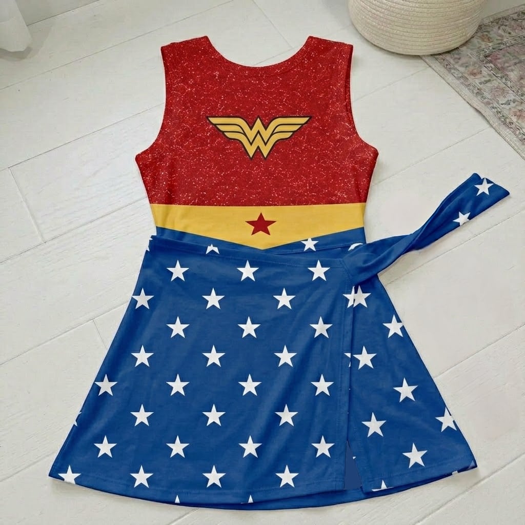 Captain America & Wonder Woman Tennis Dress, Superhero Red Blue Star Print Dress, Women Matching Outfit, Superhero Inspired Theme Park Vacation Clothing - Image 2
