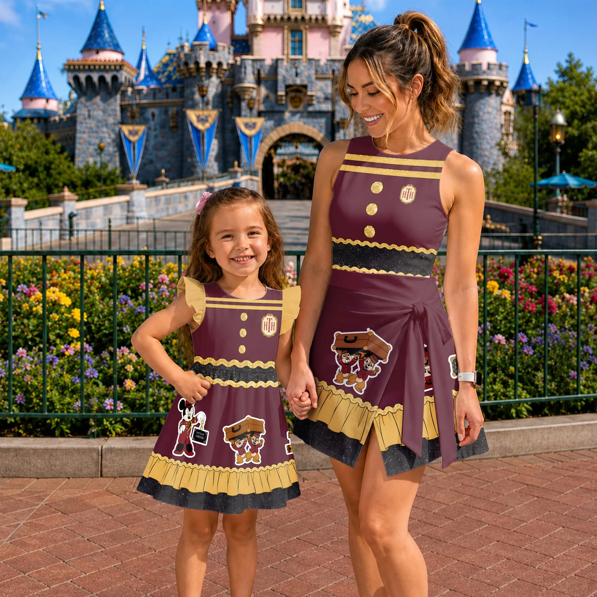 Family Matching Outfit, Burgundy & Gold Matching Dress and Shirt Set, Mom Dad Kids Coordinating Outfits, Theme Park Family Vacation Clothing - Image 5